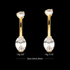24Kt Gold PVD Titanium Internally Threaded Double Gem with Prong Set Oval Fixed Bottom Navel Earring / Nosering