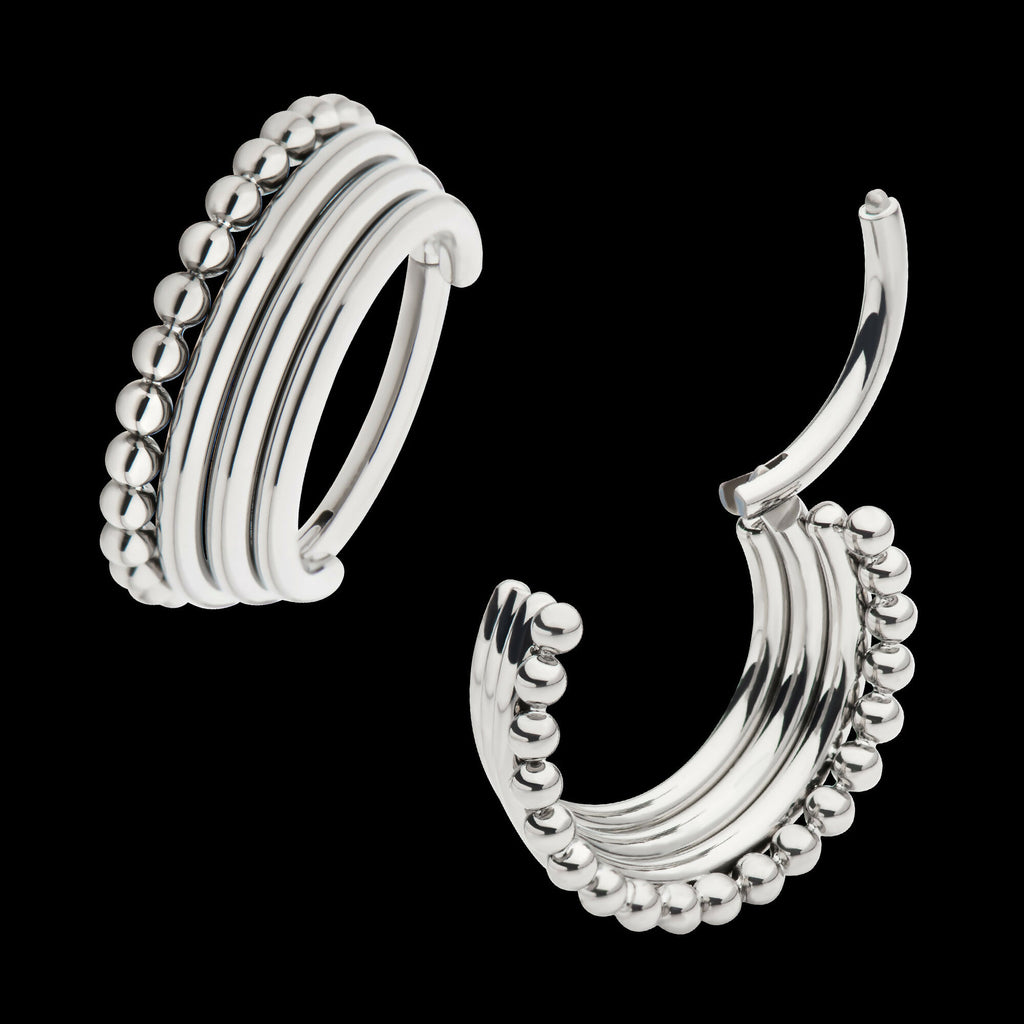 Quadruple Stacked Side Facing Hinged Segment Clicker with Clustered Beads Hoop Earring / Nosering – Titanium