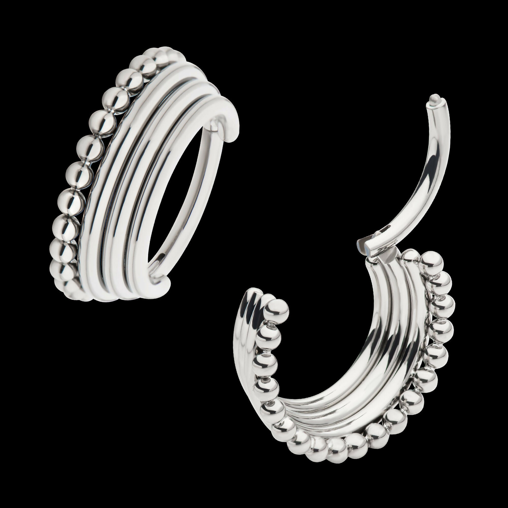Quadruple Stacked Side Facing Hinged Segment Clicker with Clustered Beads Hoop Earring / Nosering – Titanium