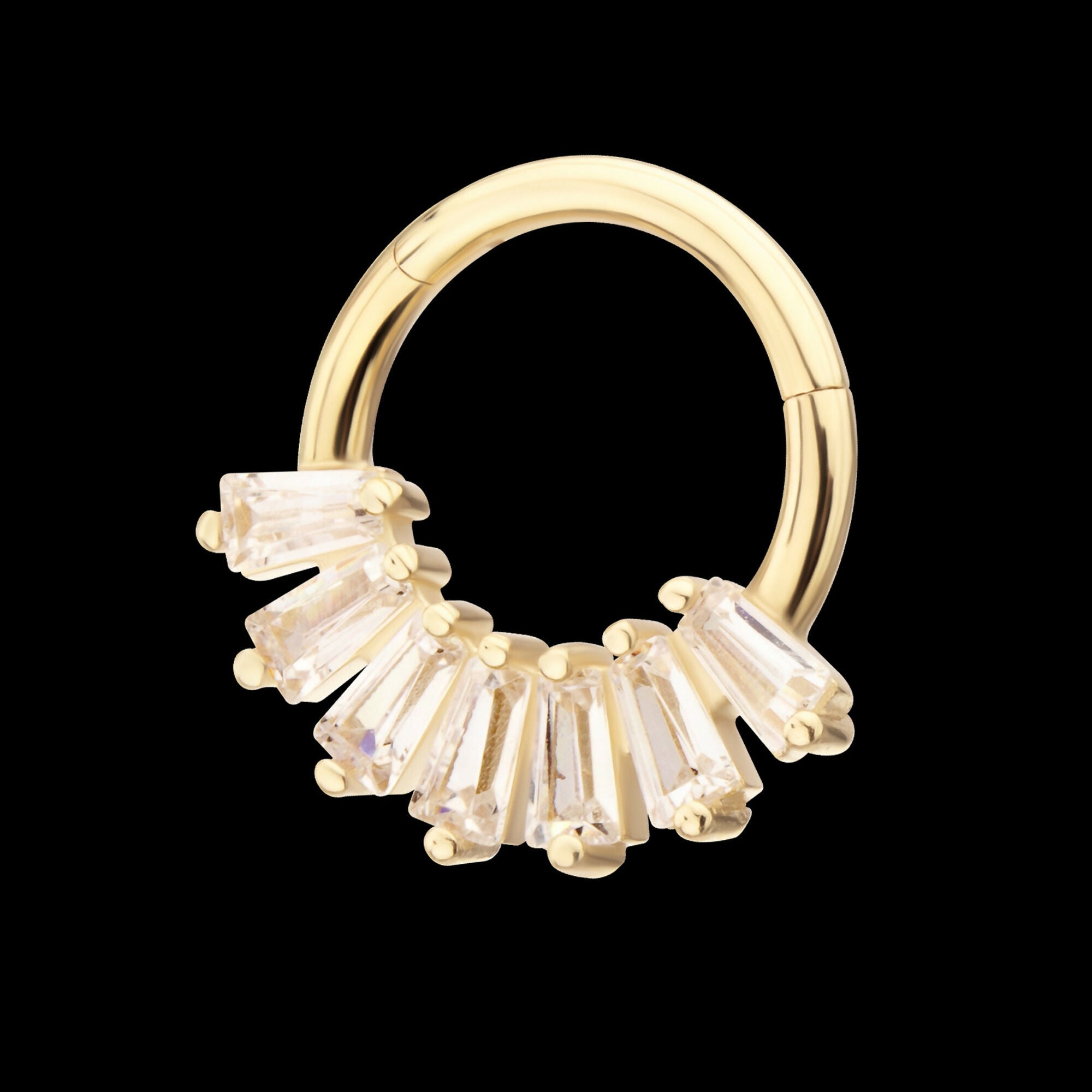 7-Cluster Baguette Prong Gem Front Facing Hinged Segment Clicker Hoop Earring / Nosering – 14Kt Gold
