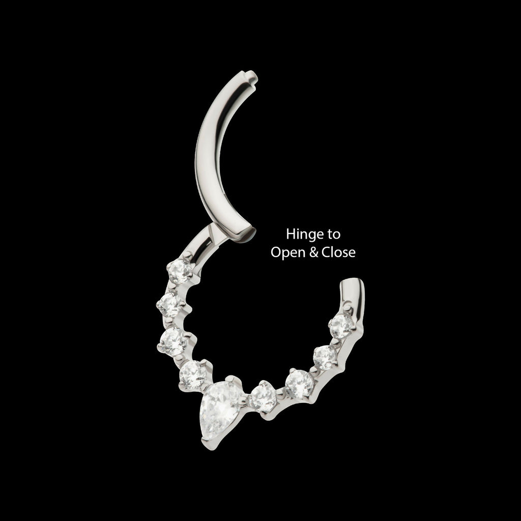 9-Cluster Prong Set Round & Teardrop CZ Front Facing Hinged Segment Clicker Hoop Earring / Nosering – Titanium