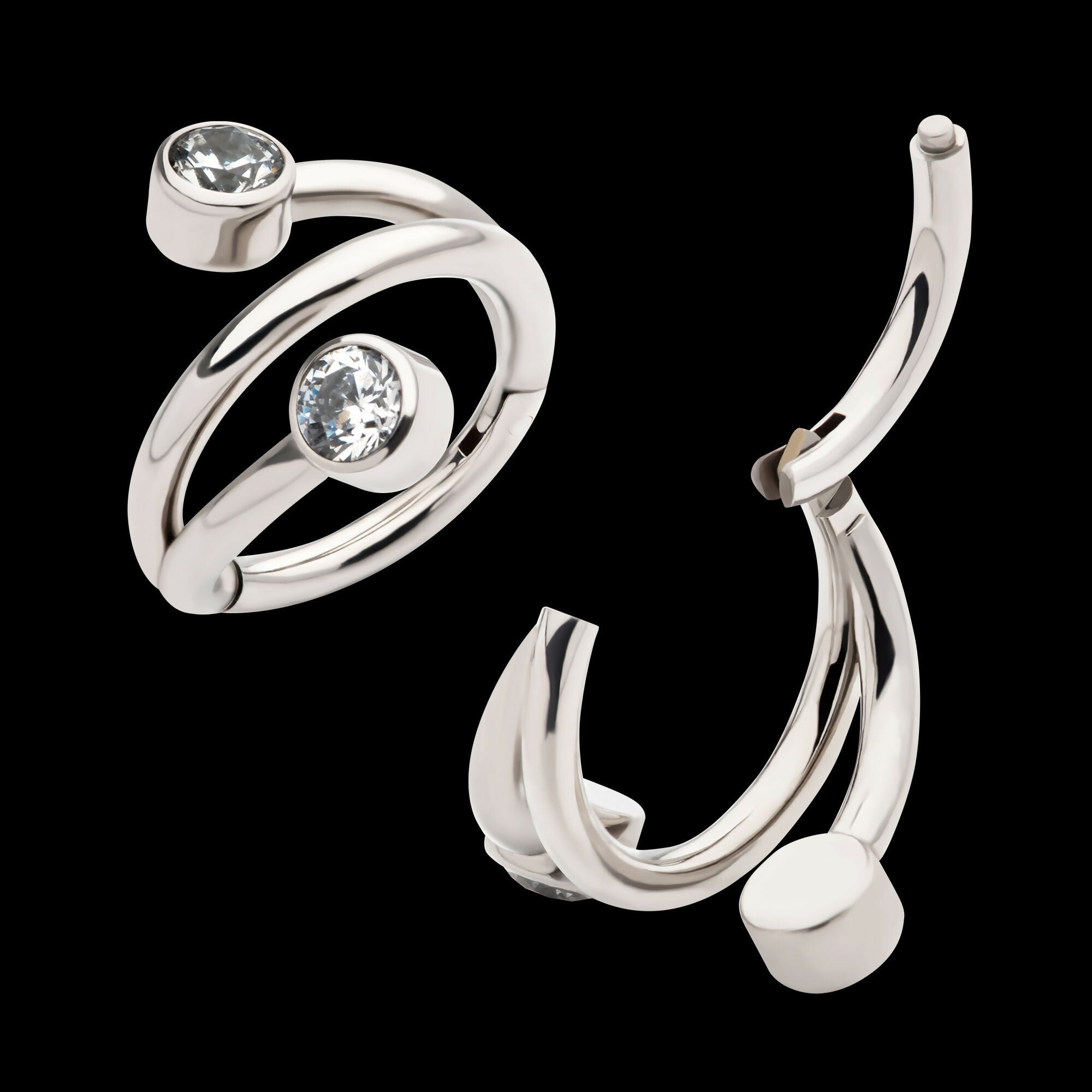 Double Ended Twist Side Facing Hinged Segment Clicker with Bezel Set Clear CZ Hoop Earring / Nosering – Titanium