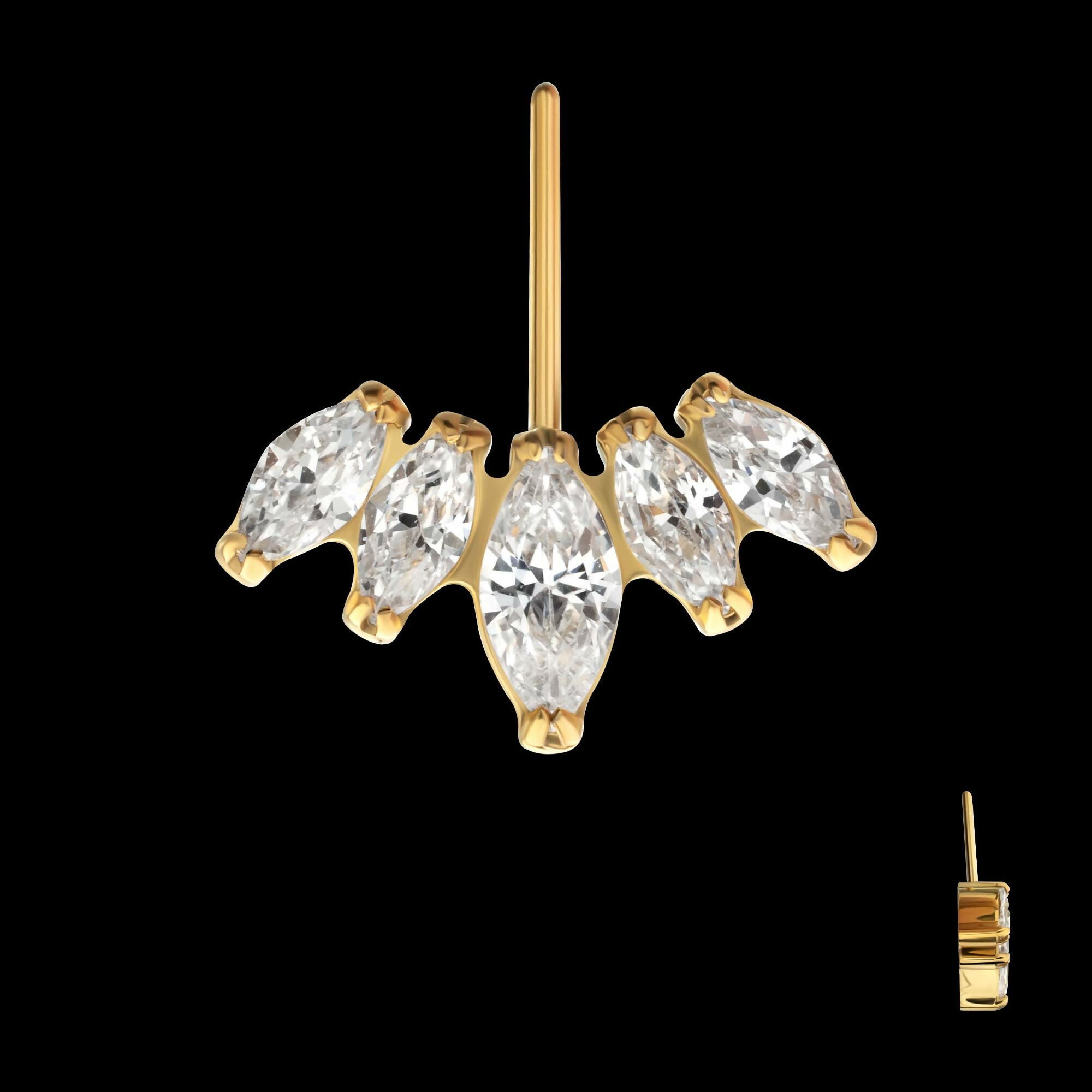 24Kt Gold PVD Titanium Threadless Vertical Helix V-Prong Marquise Fan 5-Cluster Top