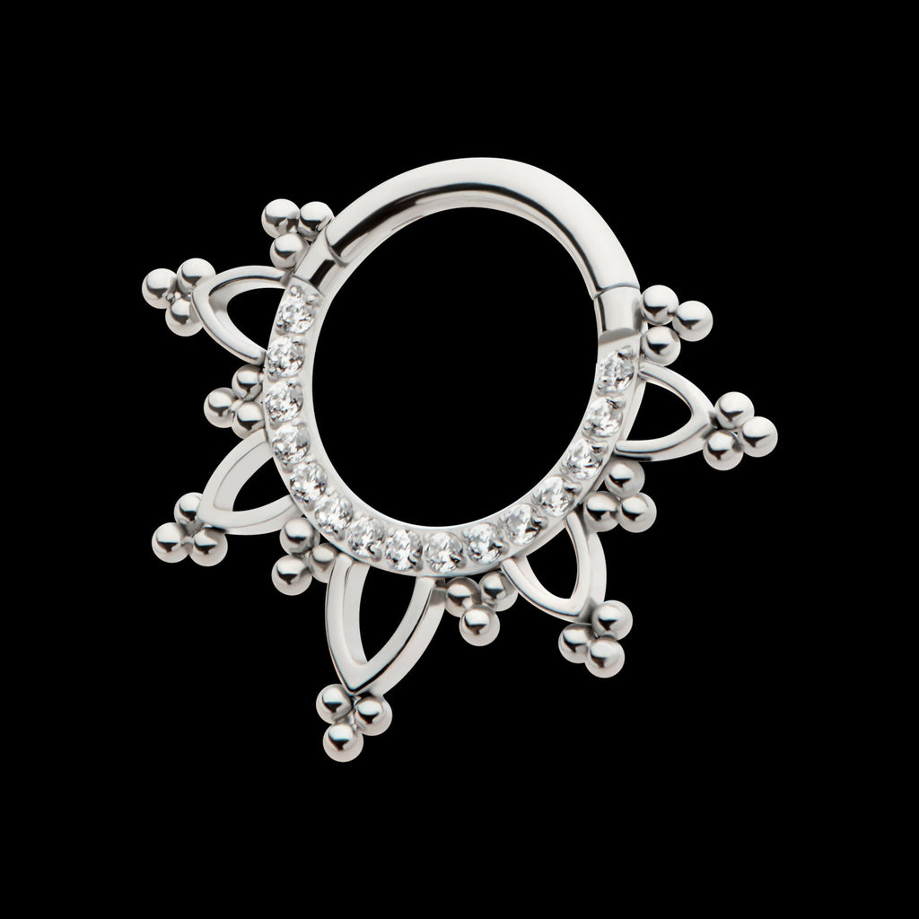 Pave Set Round CZ with Tri Beads Front Facing Hinged Segment Clicker Hoop Earring / Nosering – Titanium