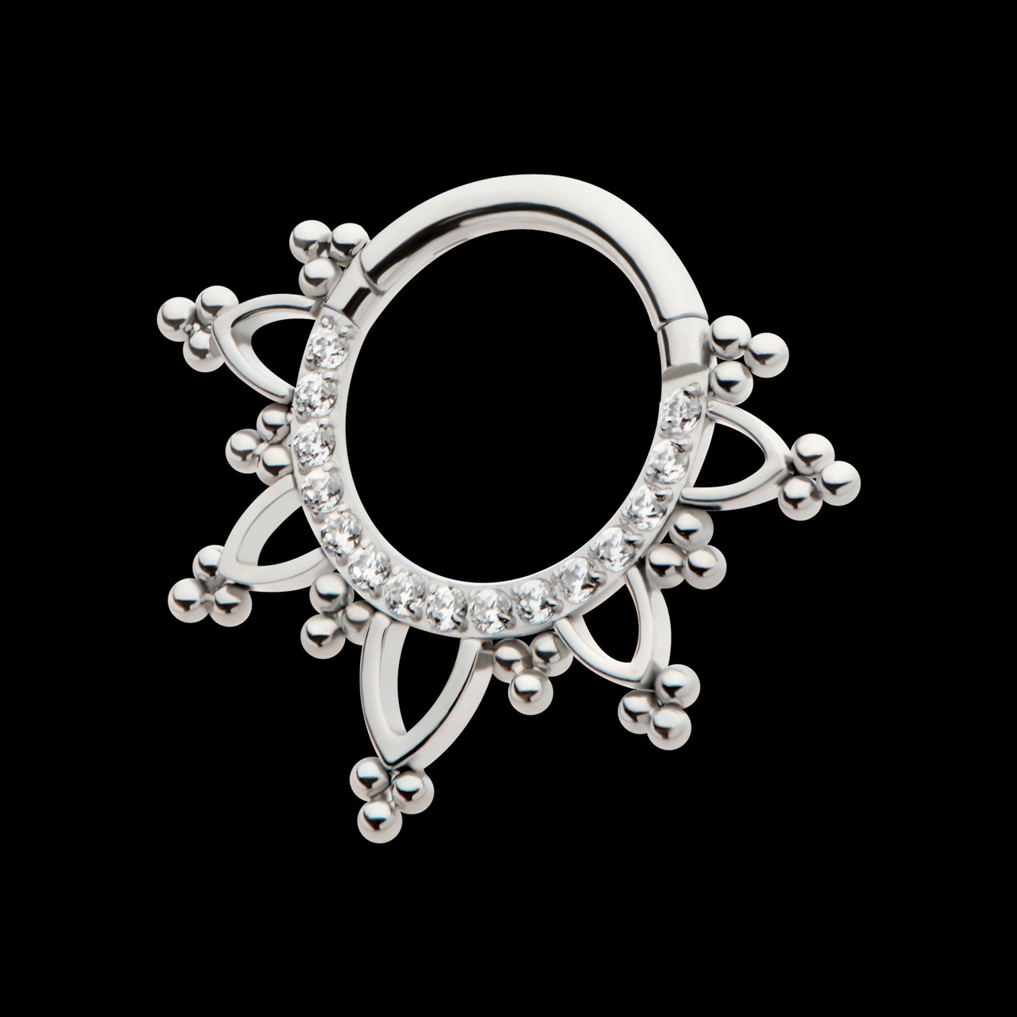 Pave Set Round CZ with Tri Beads Front Facing Hinged Segment Clicker Hoop Earring / Nosering – Titanium