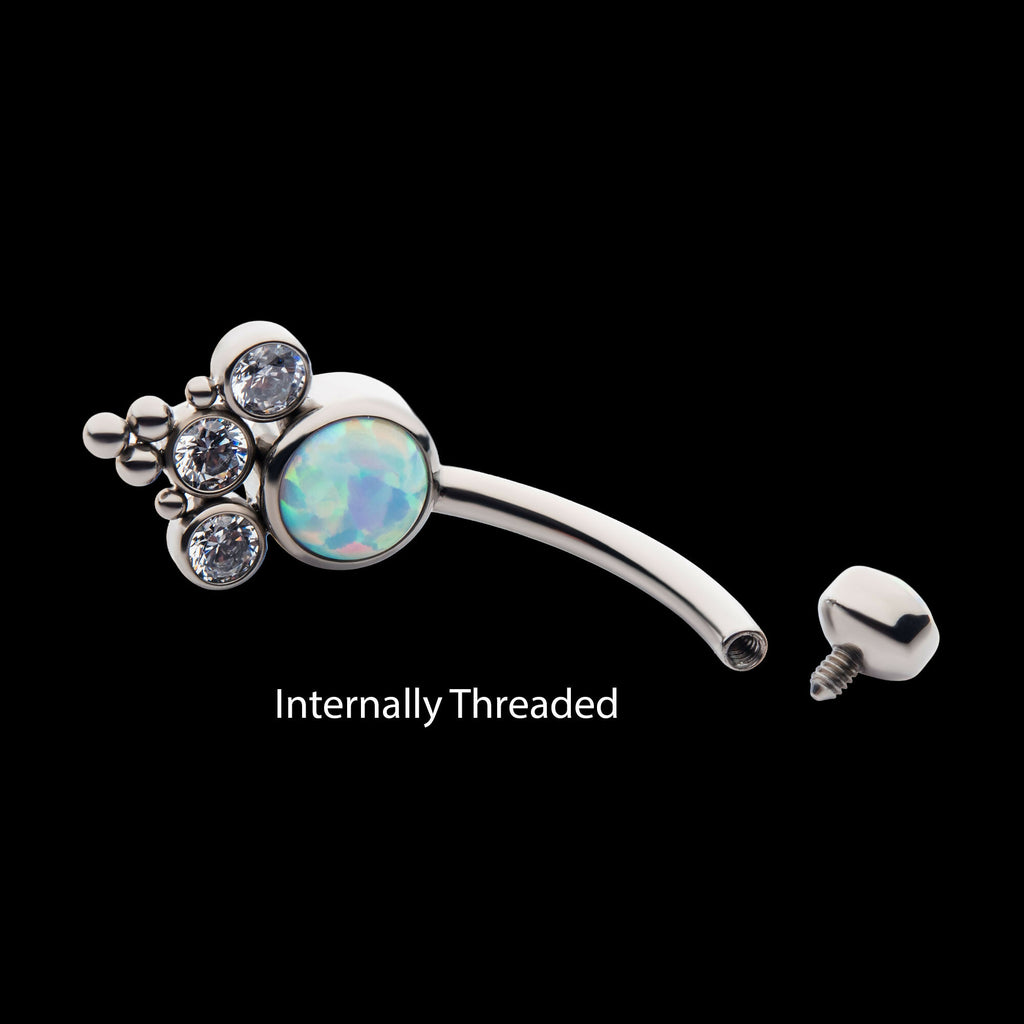Internally Threaded with Tri Bead Bezel Set Opal & CZ Terraced Cluster Navel Curve Earring / Nosering – Titanium