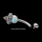 Internally Threaded with Tri Bead Bezel Set Opal & CZ Terraced Cluster Navel Curve Earring / Nosering – Titanium
