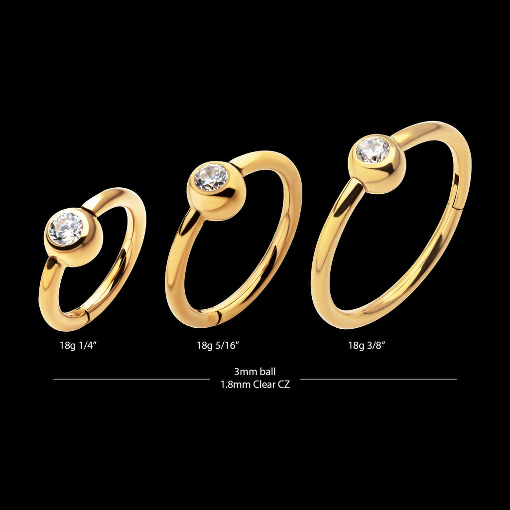 24Kt Gold PVD Titanium Bezel Set Round Gem Side Facing Hinged Segment Clicker Hoop Earring / Nosering