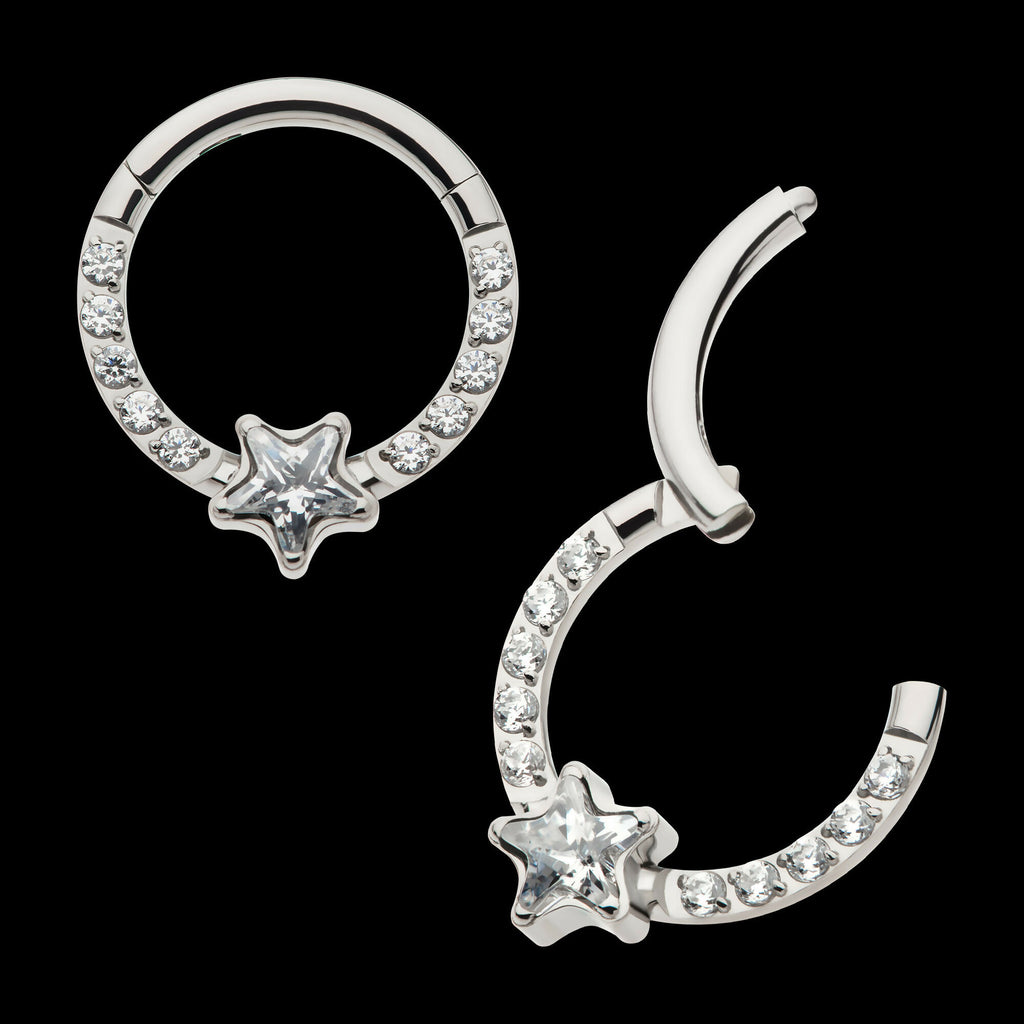 1mm CNC Set Full Clear CZ & Big Star CZ Front Facing Hinged Segment Clicker Hoop Earring / Nosering – Titanium