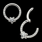 1mm CNC Set Full Clear CZ & Big Star CZ Front Facing Hinged Segment Clicker Hoop Earring / Nosering – Titanium