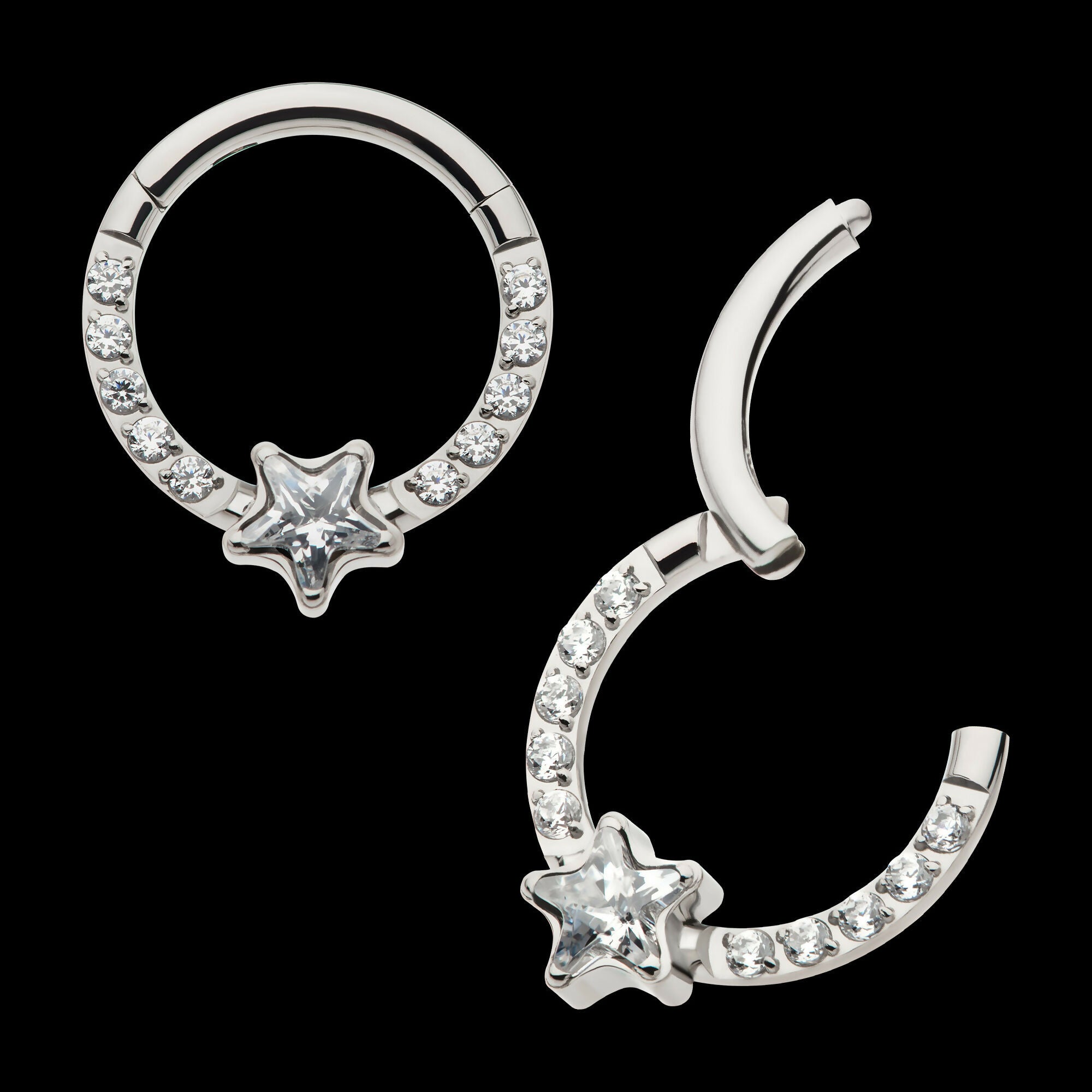 1mm CNC Set Full Clear CZ & Big Star CZ Front Facing Hinged Segment Clicker Hoop Earring / Nosering – Titanium