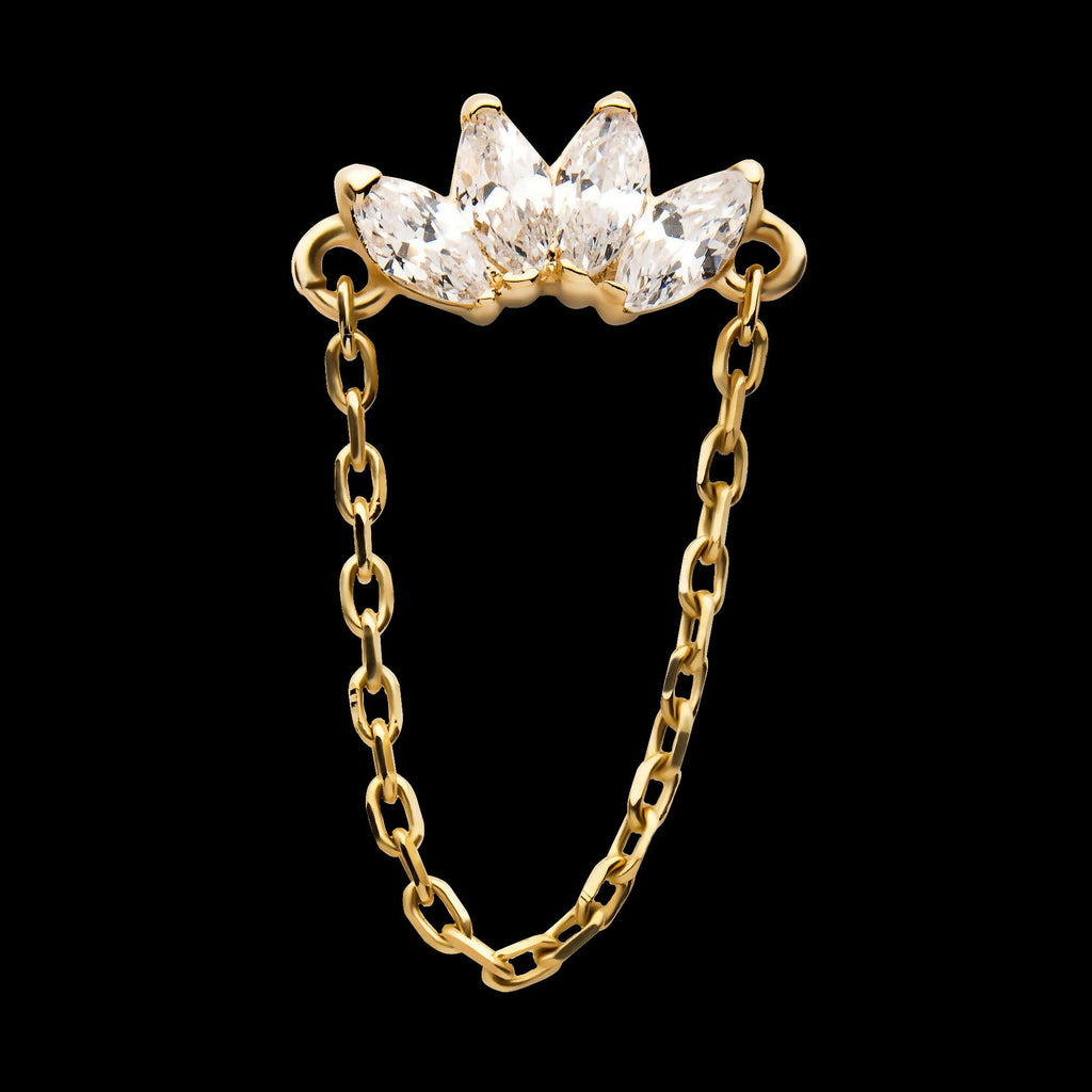 14Kt Yellow Gold Threadless Prong Set 4 Clear CZ Marquise Top with Dangling Chain