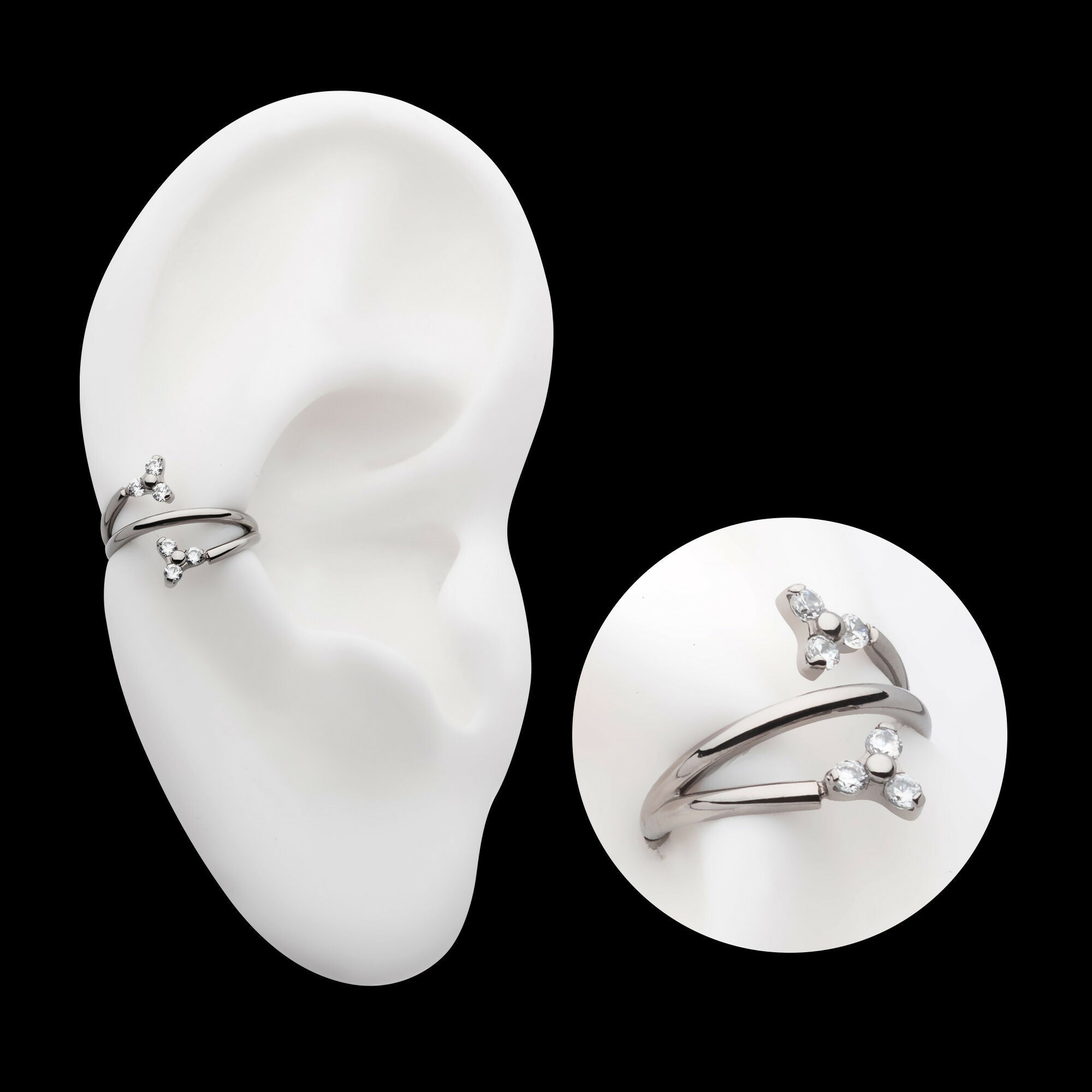 Double Ended Twist Side Facing Hinged Segment Clicker with Pronged Trinity CZ Hoop Earring / Nosering – Titanium