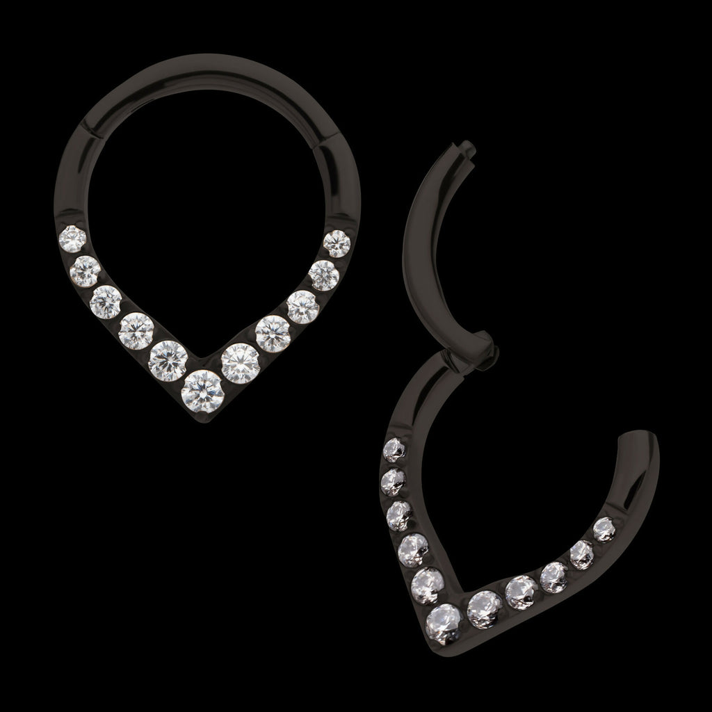 Black PVD Titanium CNC Set Gem Front Facing Teardrop Shape Hinged Segment Clicker Hoop Earring / Nosering