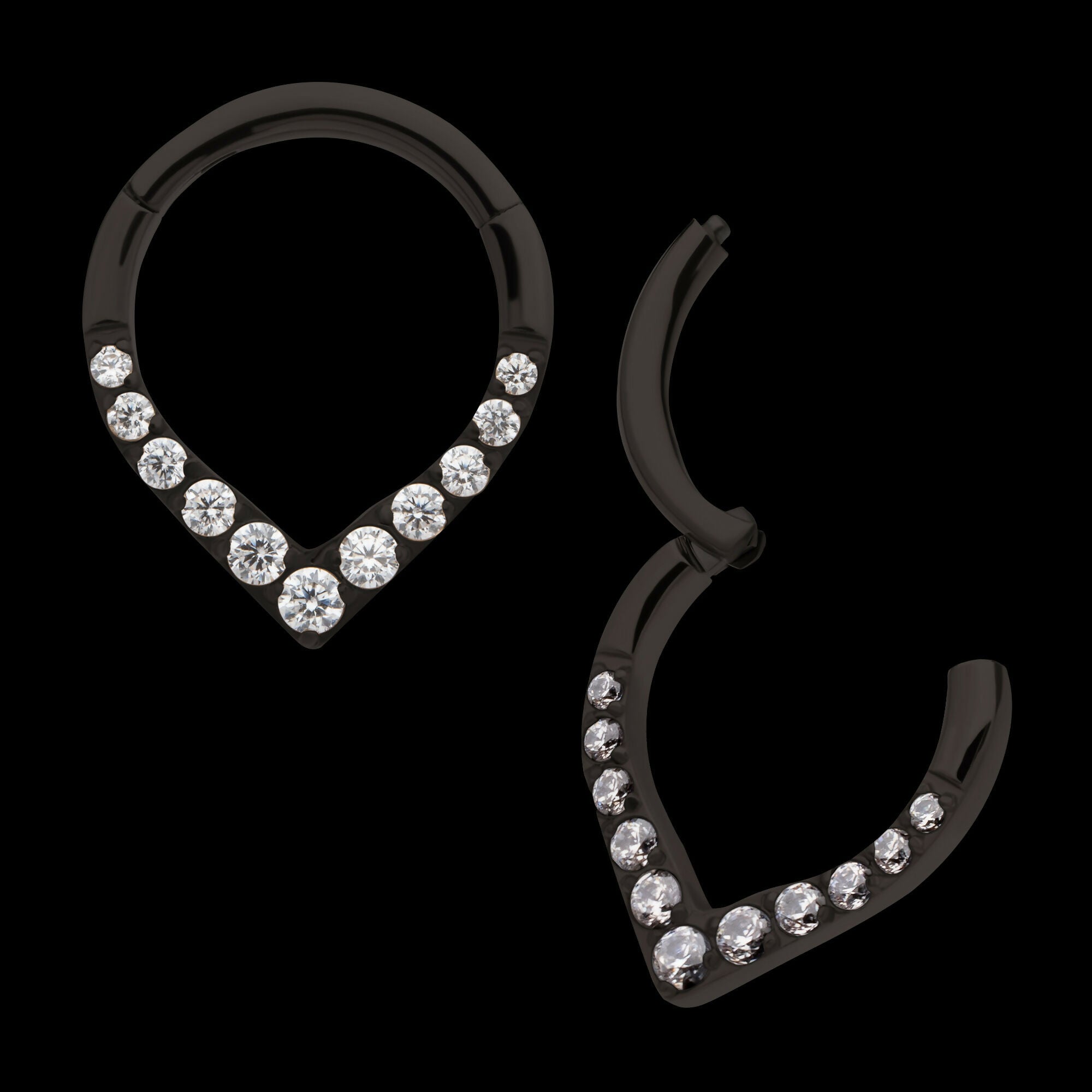 Black PVD Titanium CNC Set Gem Front Facing Teardrop Shape Hinged Segment Clicker Hoop Earring / Nosering