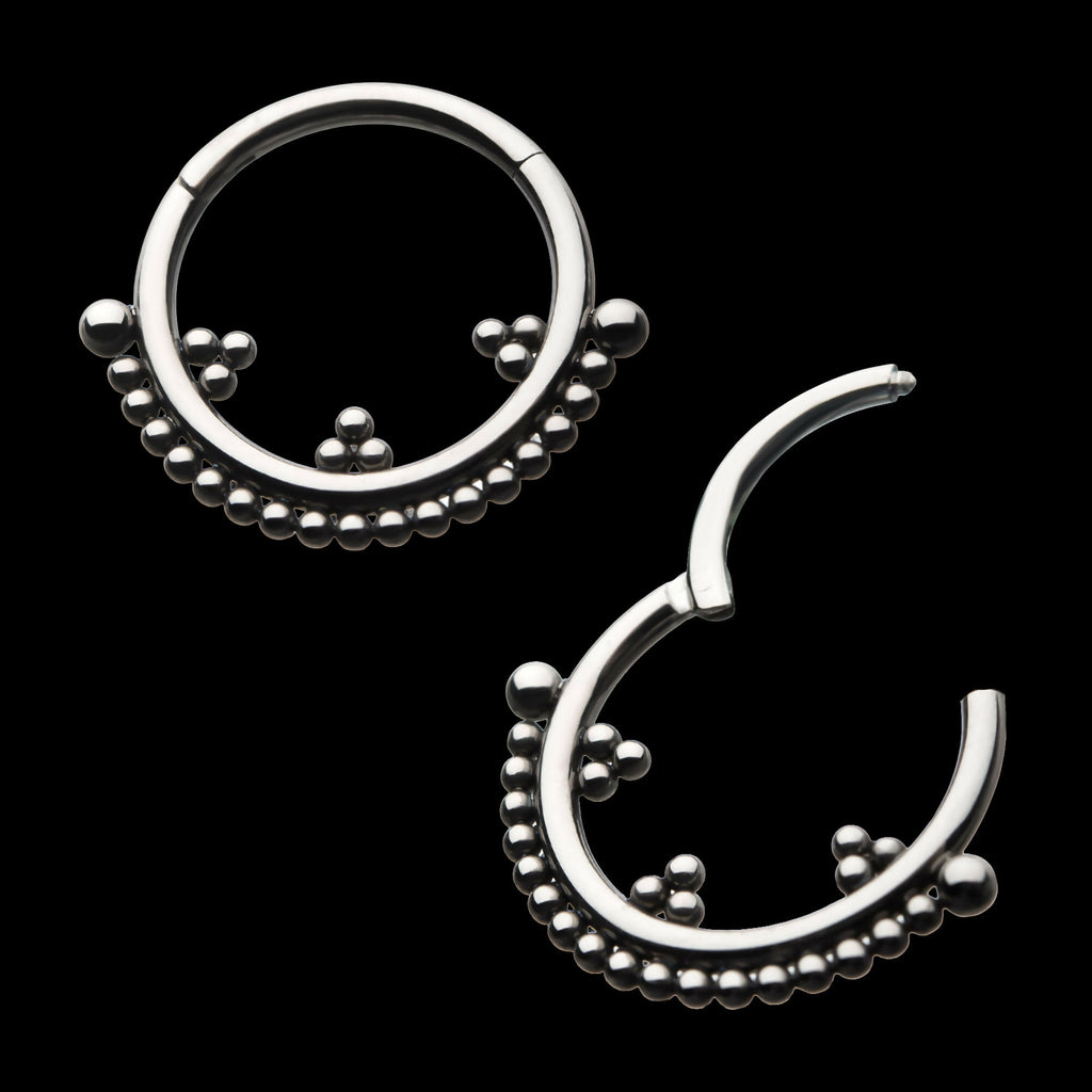Trio Beaded Cluster Front Facing Hinged Segment Clicker Hoop Earring / Nosering – Titanium