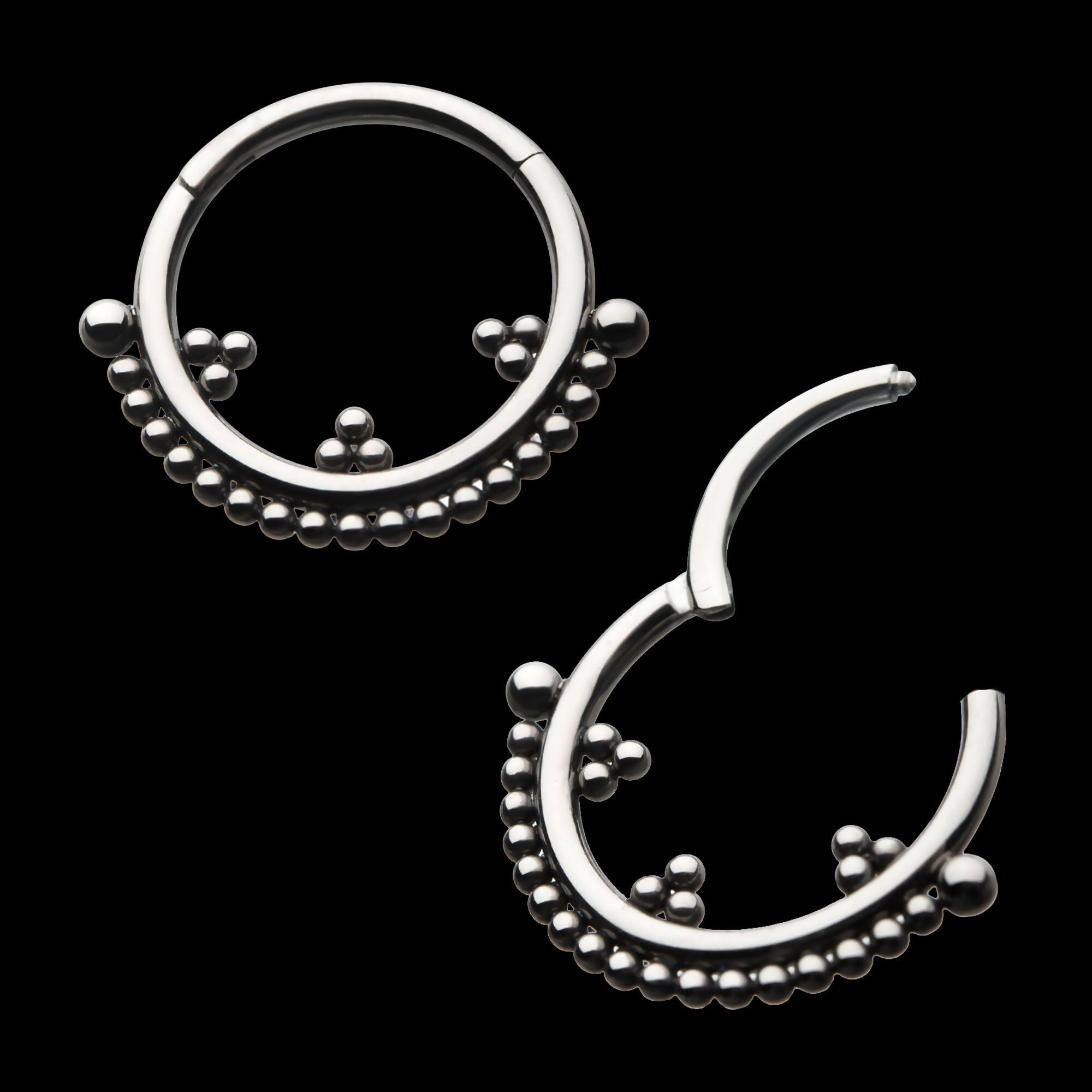 Trio Beaded Cluster Front Facing Hinged Segment Clicker Hoop Earring / Nosering – Titanium