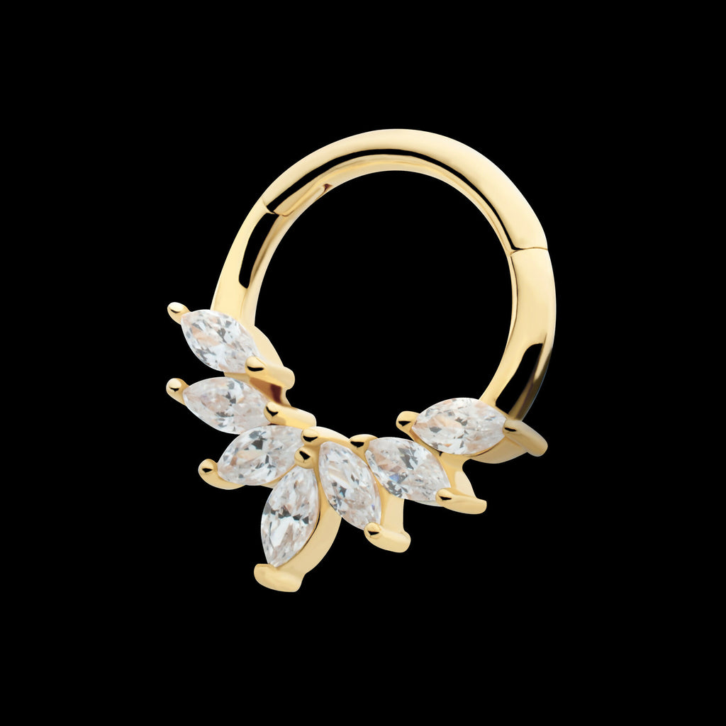Pronged Marquise CZ 7-Cluster Wreath Hinged Segment Clicker Hoop Earring / Nosering – 14Kt Yellow Gold
