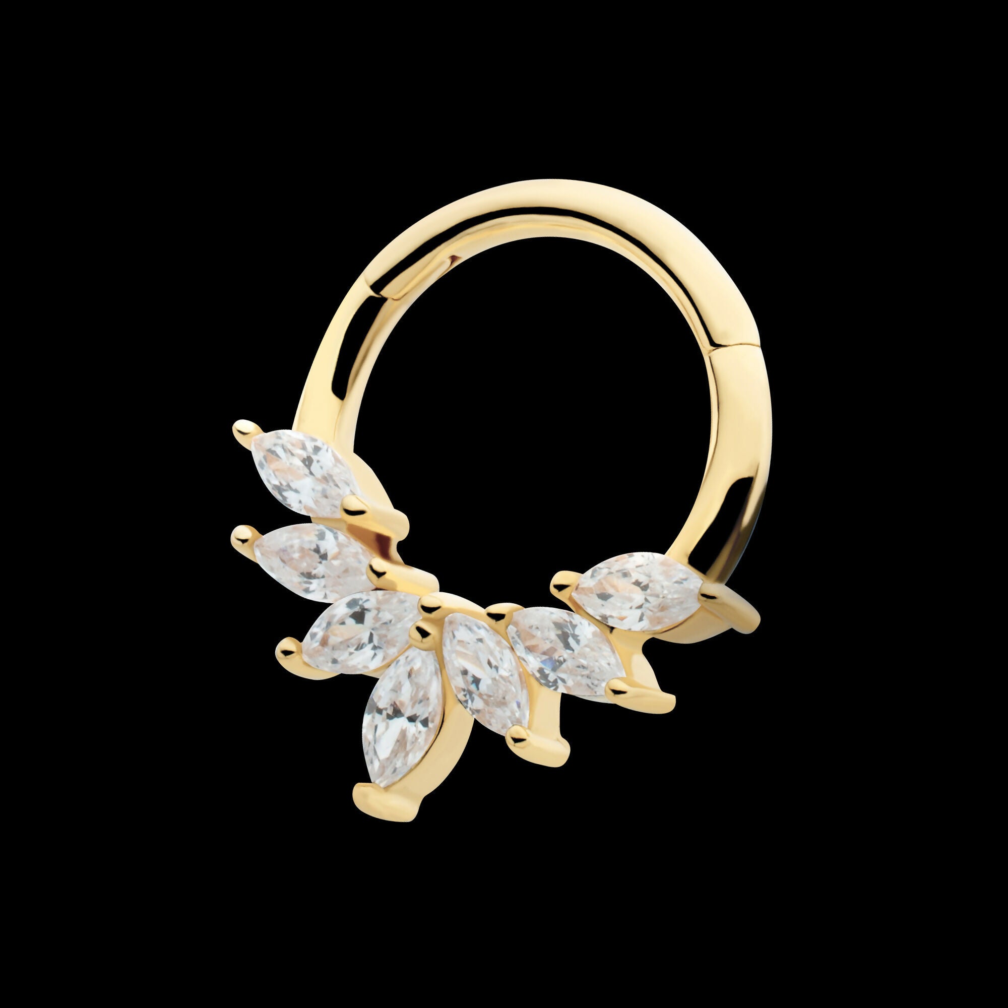 Pronged Marquise CZ 7-Cluster Wreath Hinged Segment Clicker Hoop Earring / Nosering – 14Kt Yellow Gold