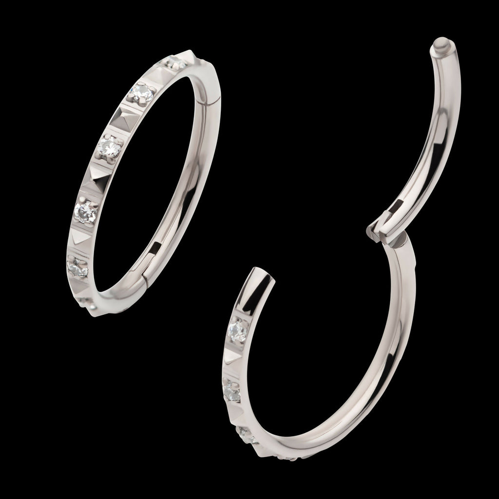 Alternating CZ & Pyramid Stud Side Facing Hinged Segment Clicker Hoop Earring / Nosering – Titanium