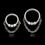 3-Cluster Prong Set Round CZ Front Facing Hinged Segment Clicker with Dangle Chain Hoop Earring / Nosering – Titanium