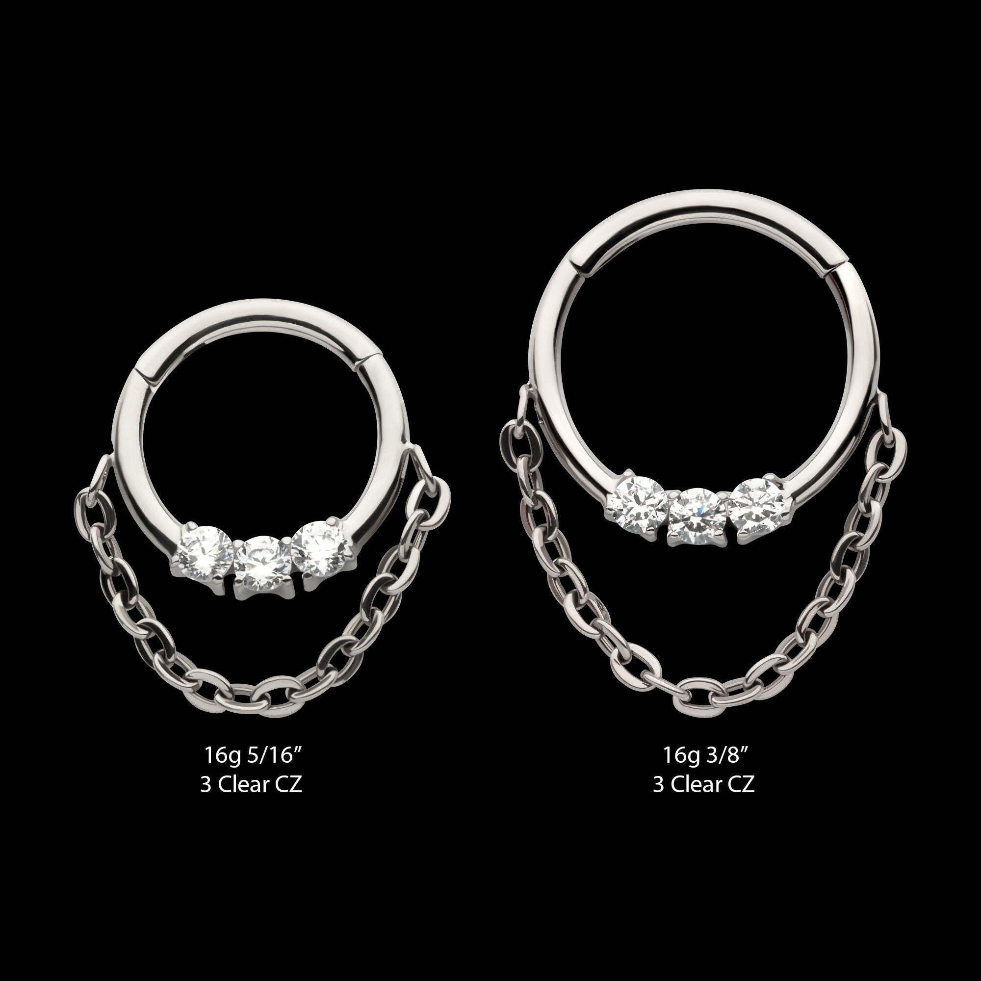 3-Cluster Prong Set Round CZ Front Facing Hinged Segment Clicker with Dangle Chain Hoop Earring / Nosering – Titanium