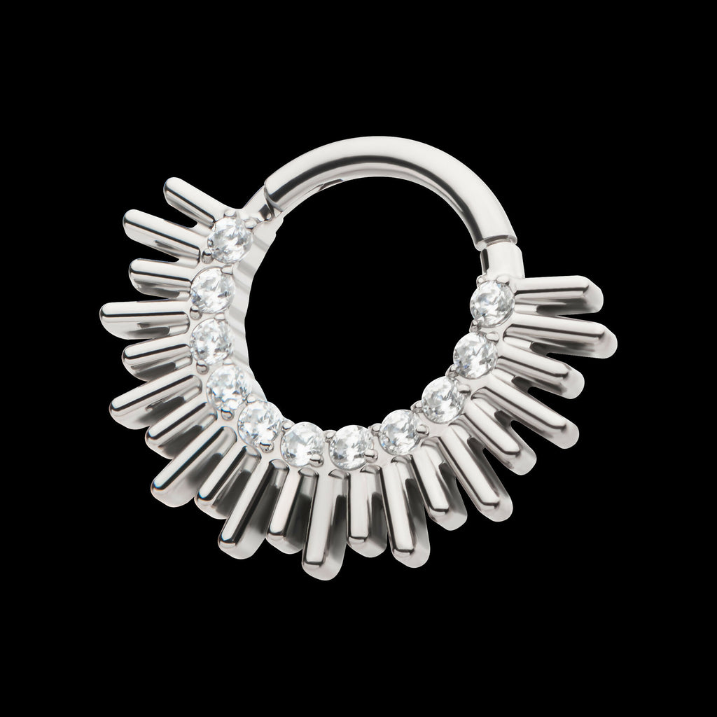 Pronged Round CZ Sun Rays Cluster Front Facing Hinged Segment Clicker Hoop Earring / Nosering – Titanium
