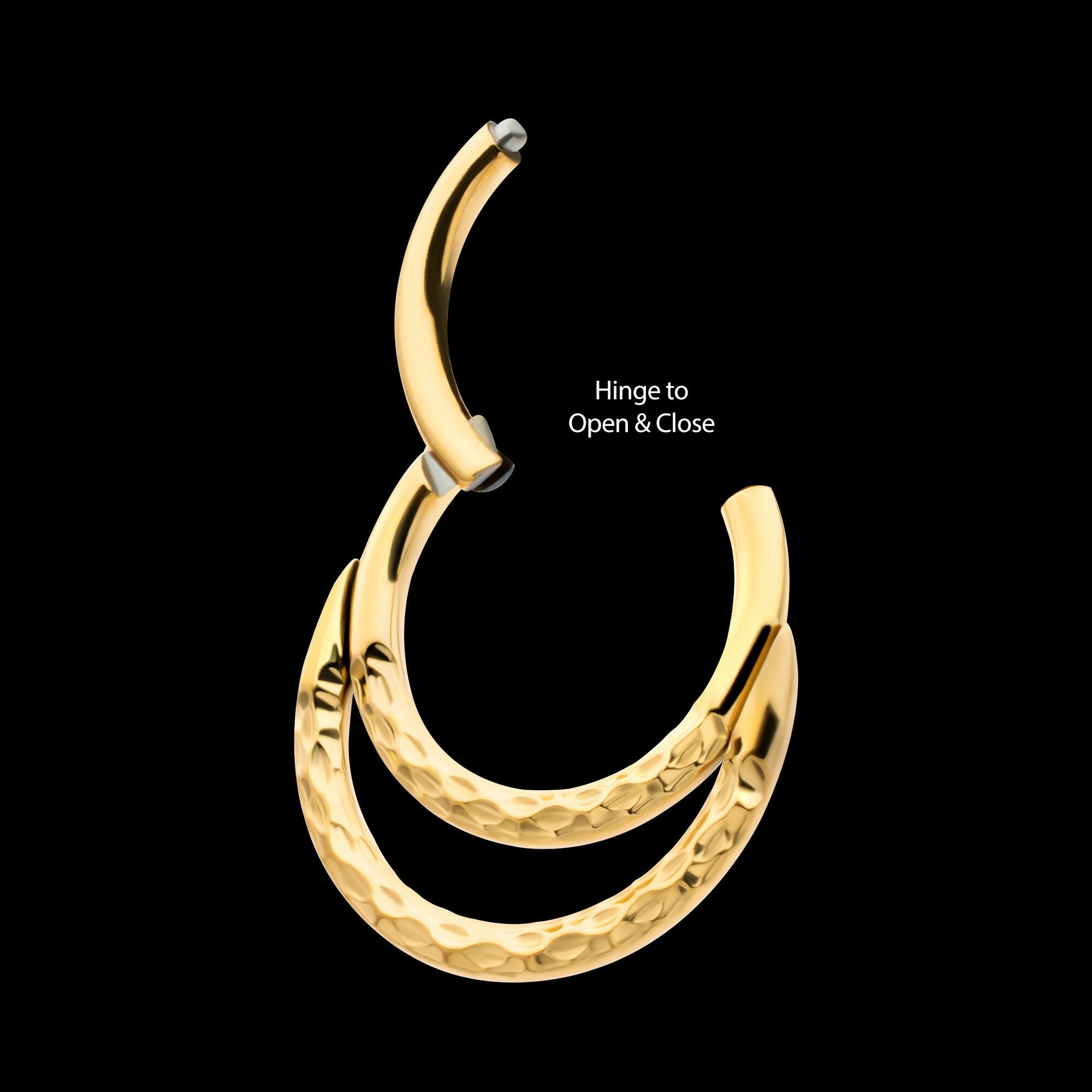 24Kt Gold PVD Titanium Hammered Double Hoop Front Facing Hinged Segment Clicker Earring / Nosering