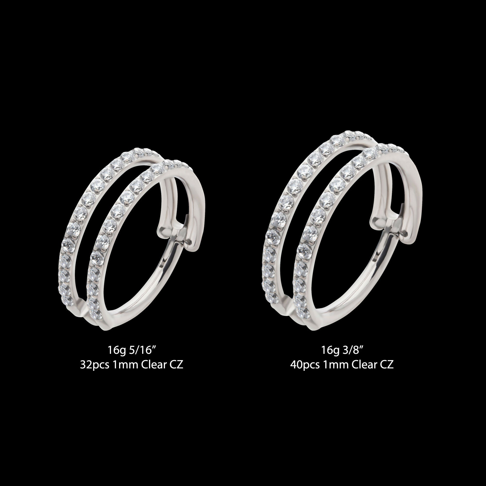 Double Row Full Clear CZ Side Facing Hinged Segment Clicker Hoop Earring / Nosering – Titanium
