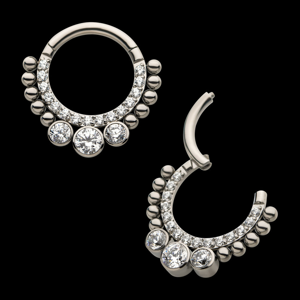 10-Beaded Bezel Set Gem Front Facing Hinged Segment Clicker Hoop Earring / Nosering – Titanium