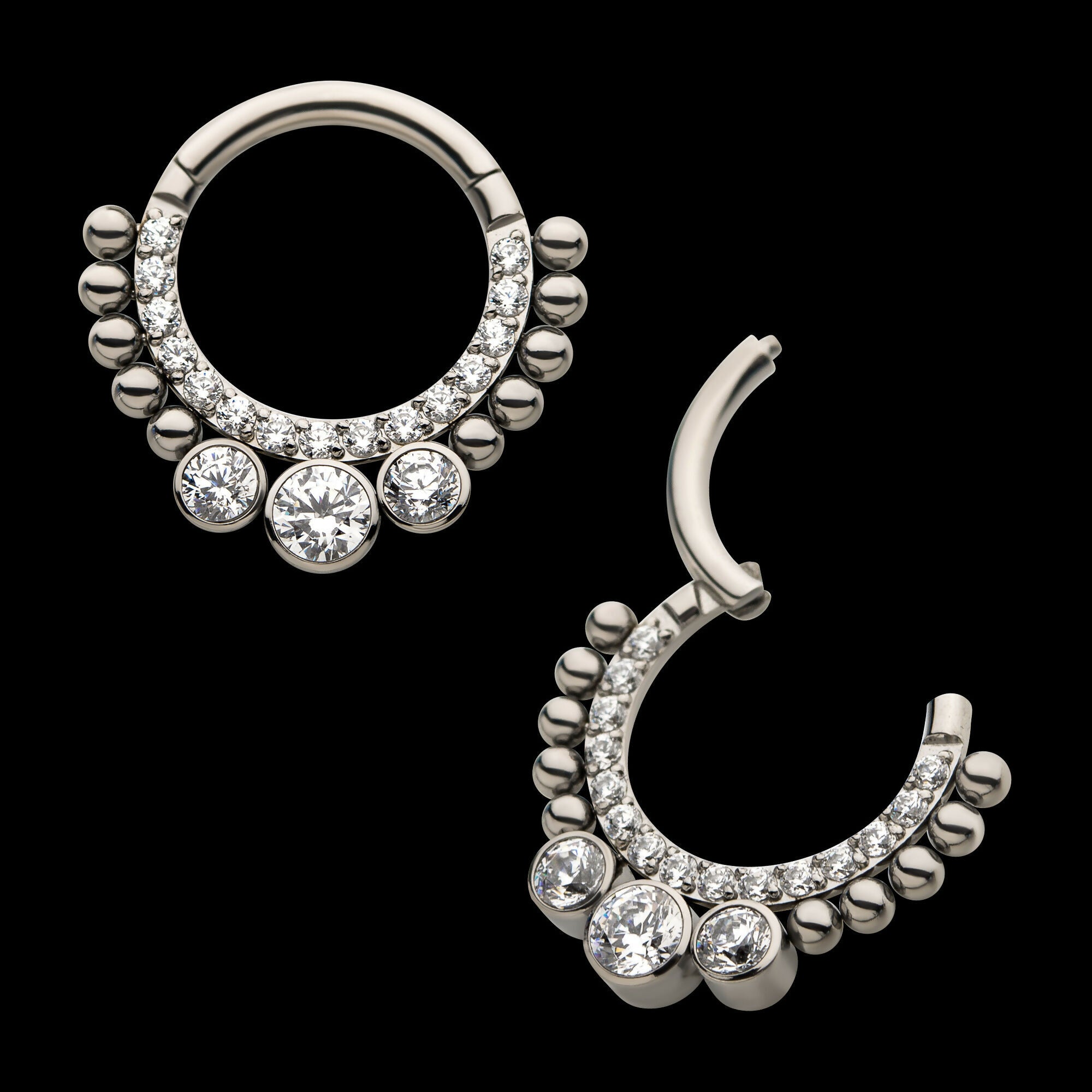 10-Beaded Bezel Set Gem Front Facing Hinged Segment Clicker Hoop Earring / Nosering – Titanium
