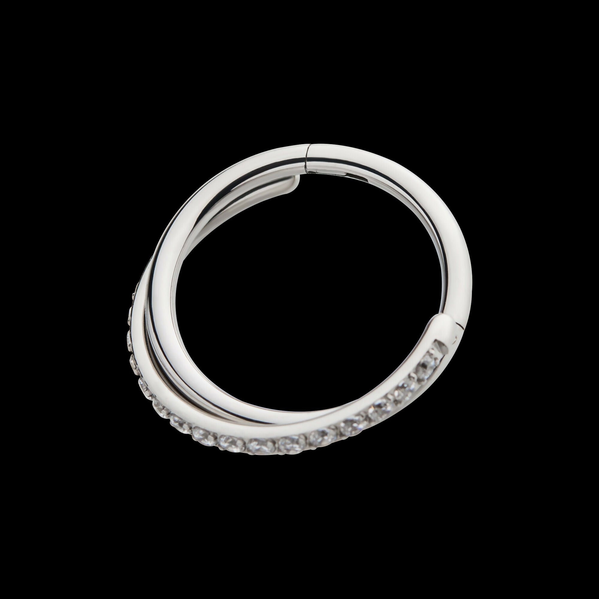 Crisscross with CZ Side Facing Hinged Segment Clicker Hoop Earring / Nosering – Titanium