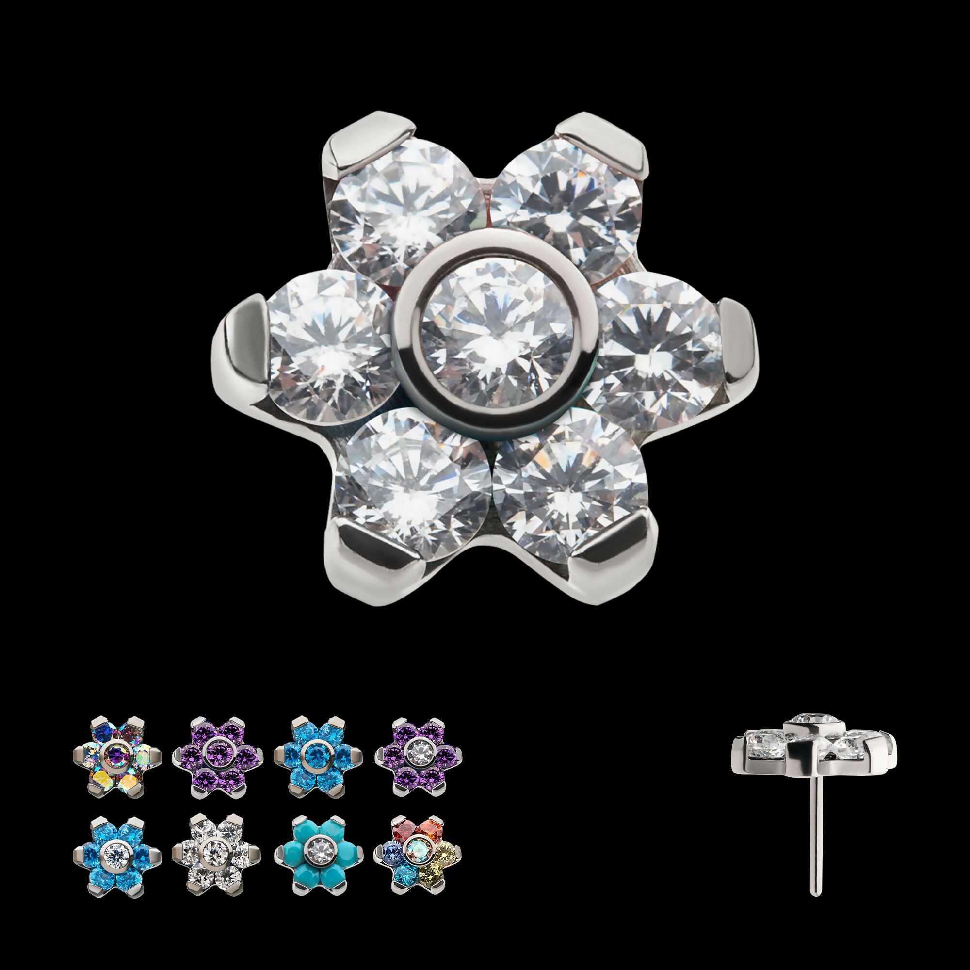 Titanium Threadless with Prong Set 7 CZ Flower Top