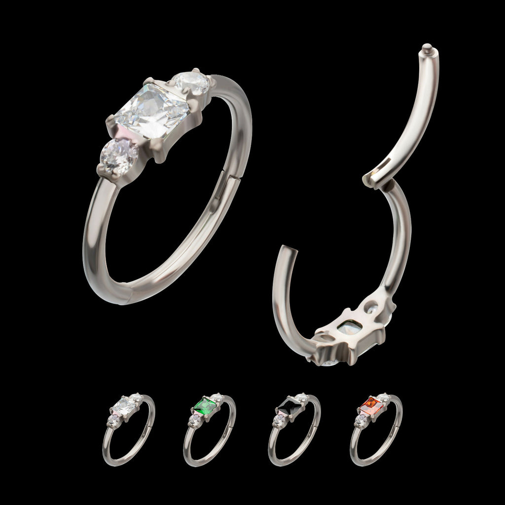 Linear Princess & Round Trio Gem Side Facing Hinged Segment Clickers Hoop Earring / Nosering – Titanium