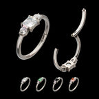 Linear Princess & Round Trio Gem Side Facing Hinged Segment Clickers Hoop Earring / Nosering – Titanium