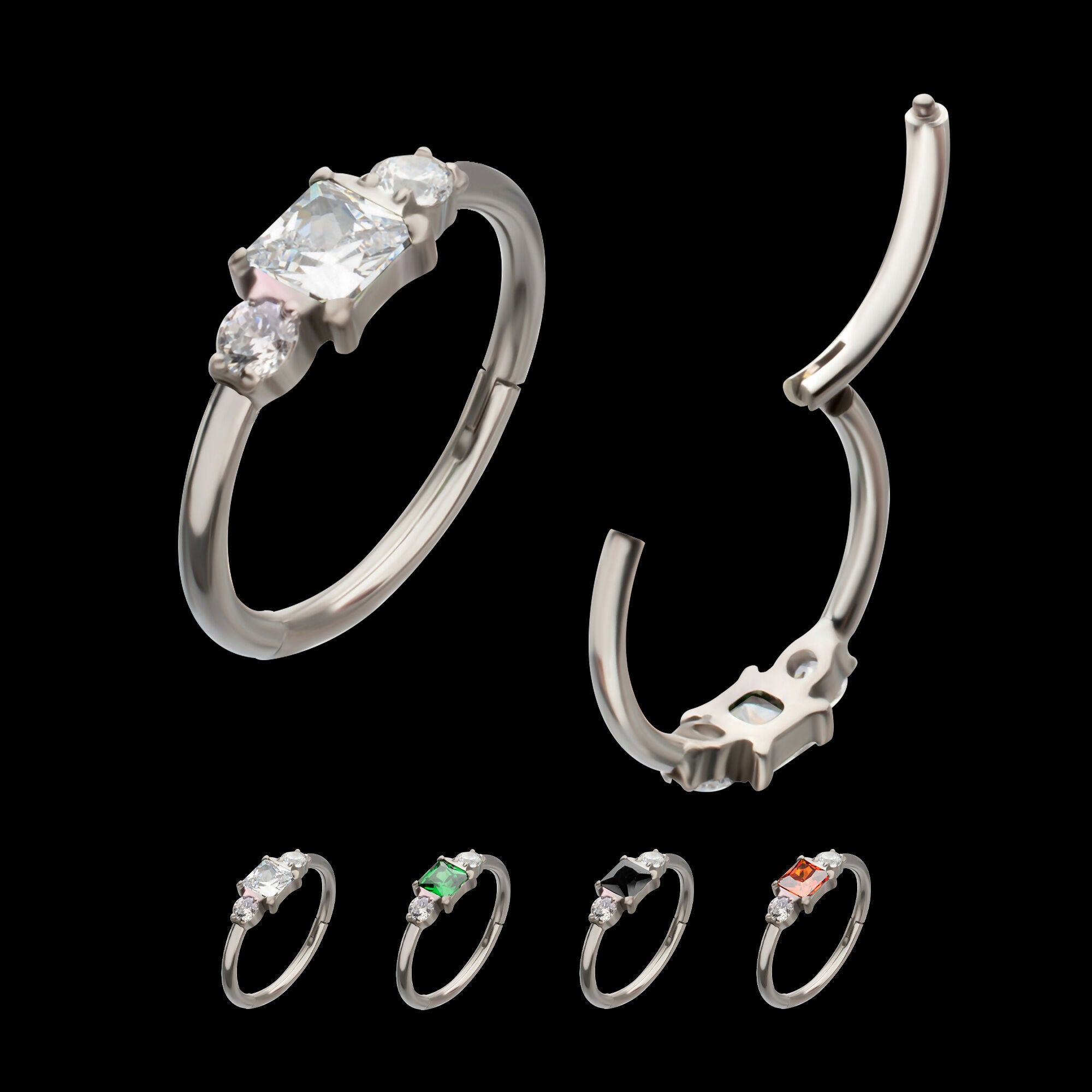 Linear Princess & Round Trio Gem Side Facing Hinged Segment Clickers Hoop Earring / Nosering – Titanium
