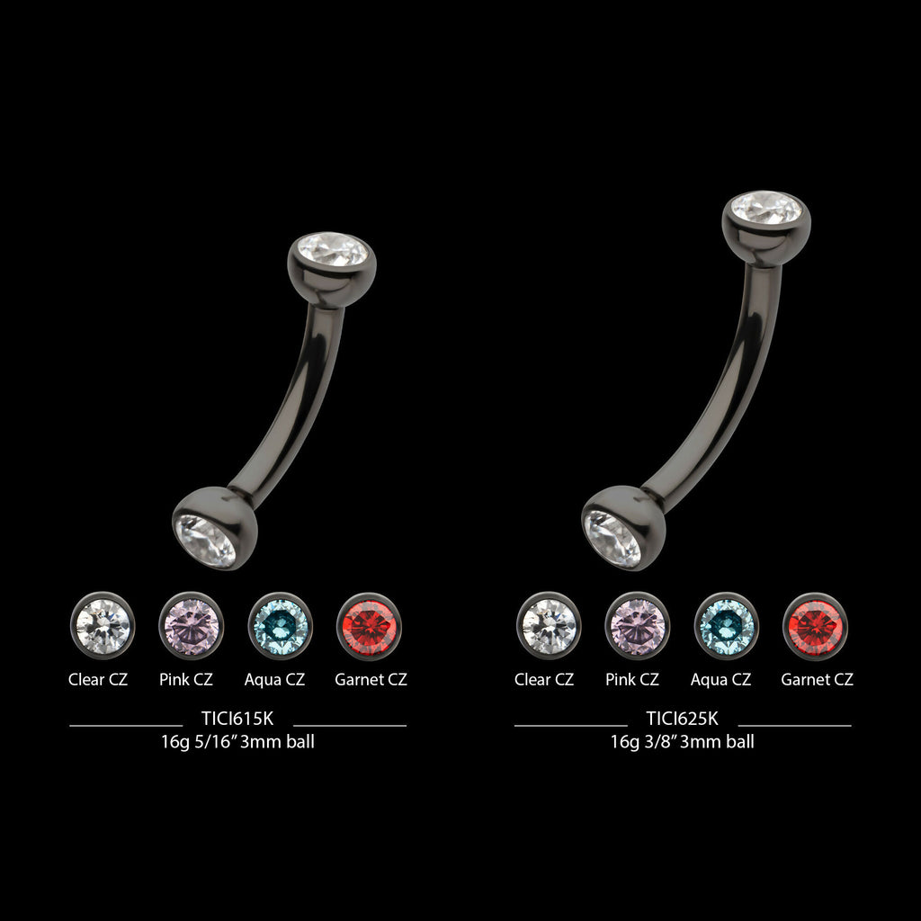 Black PVD Titanium Internally Threaded Double Bezel Gem End Curved Barbell Earring / Nosering