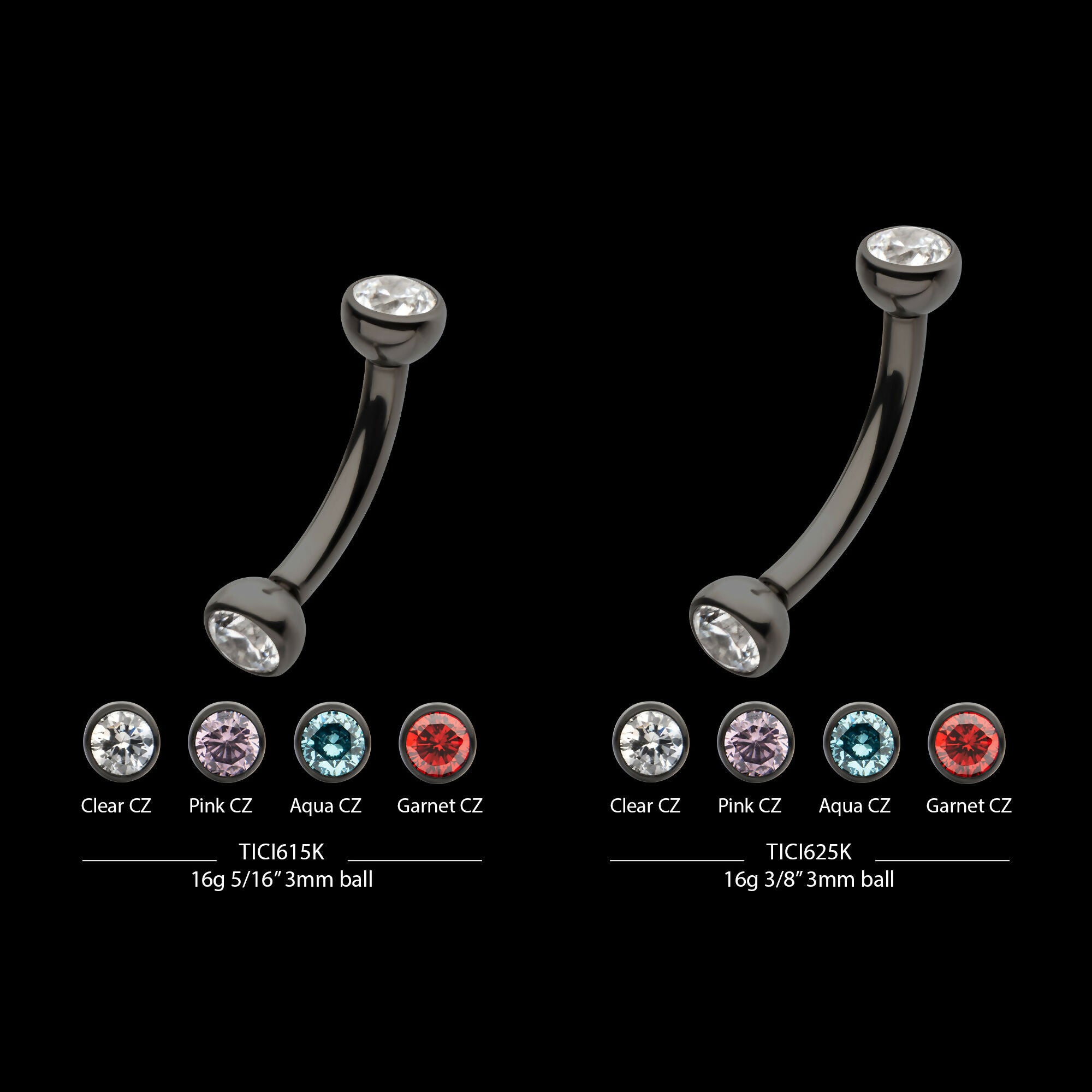 Black PVD Titanium Internally Threaded Double Bezel Gem End Curved Barbell Earring / Nosering