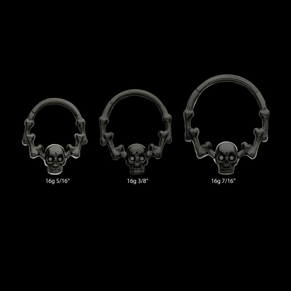 Black PVD Titanium Skull & Bone with Black CZ Gem Eyes Front Facing Hinged Segment Clicker Hoop Earring / Nosering