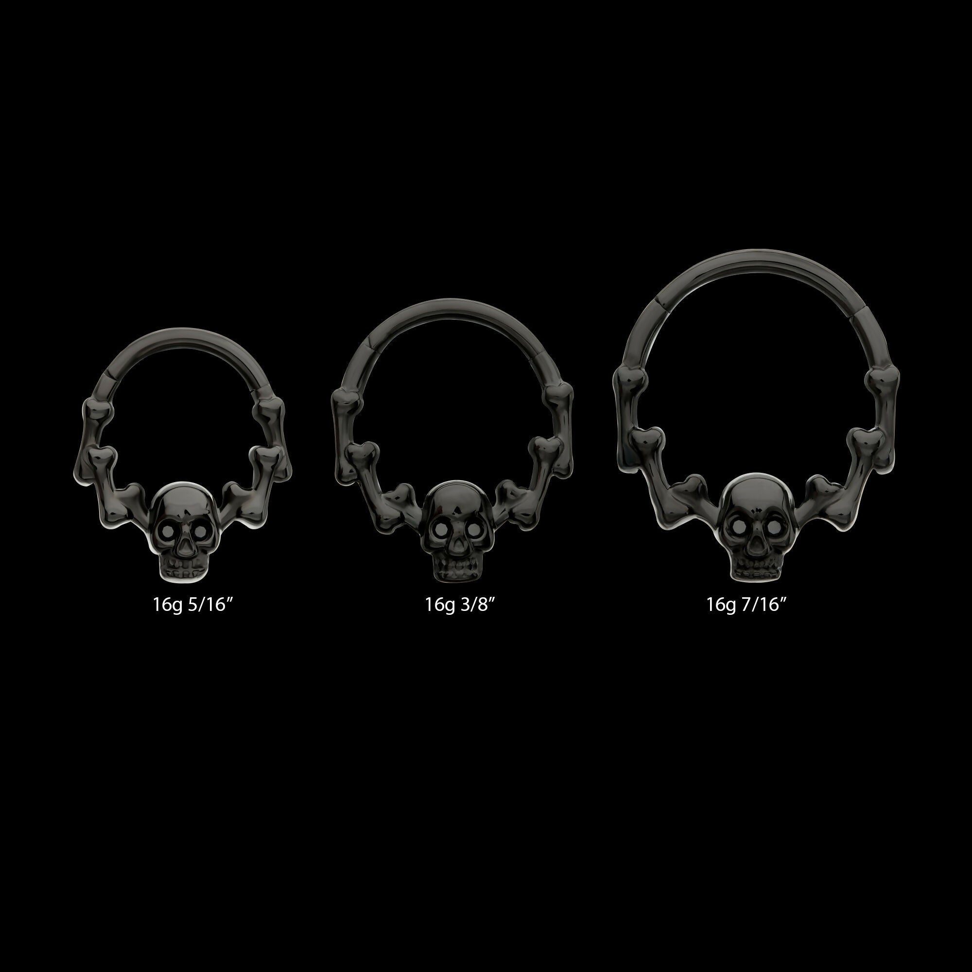 Black PVD Titanium Skull & Bone with Black CZ Gem Eyes Front Facing Hinged Segment Clicker Hoop Earring / Nosering