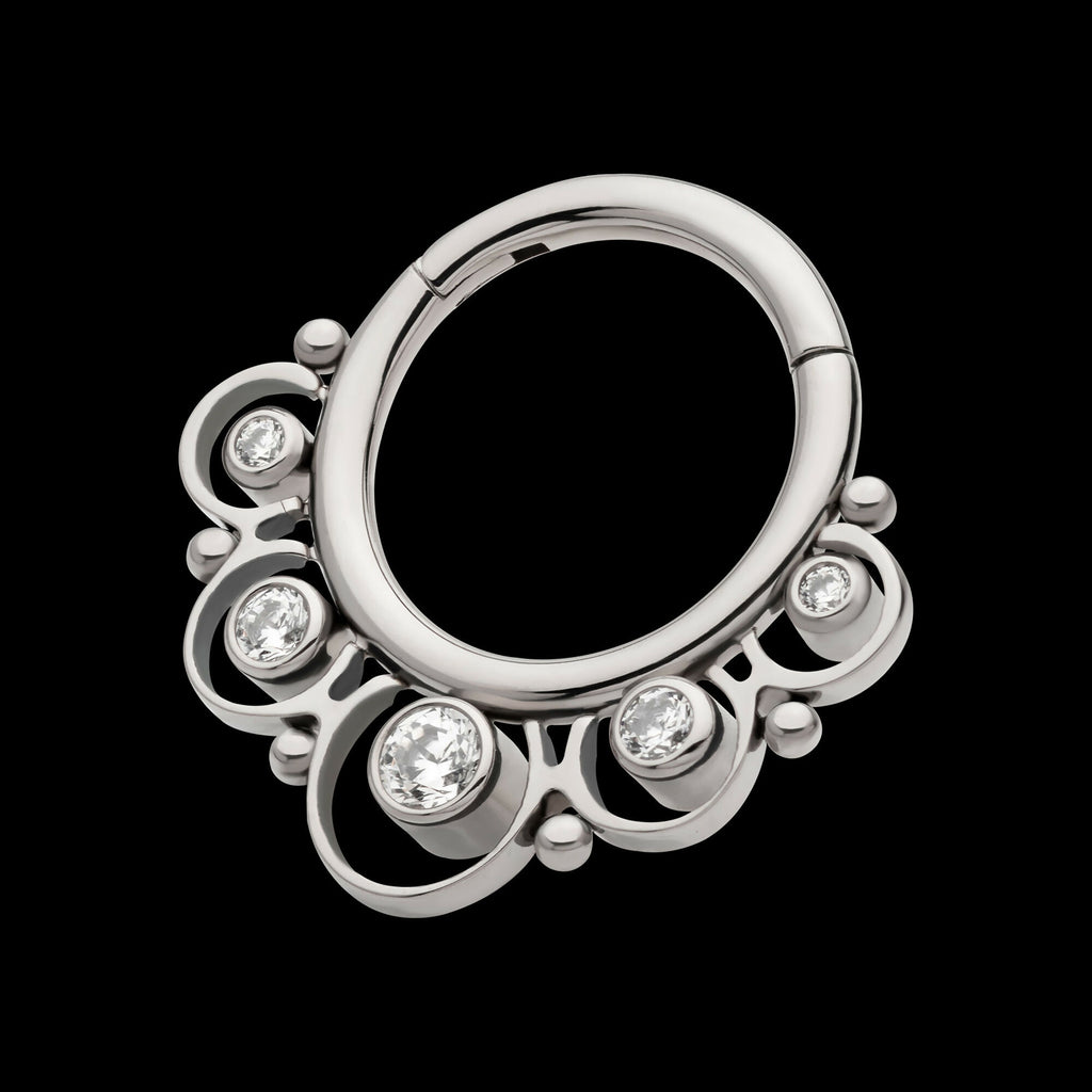 Beads & 5-Bezel Set Gem Front Facing Hinged Segment Clicker Hoop Earring / Nosering – Titanium