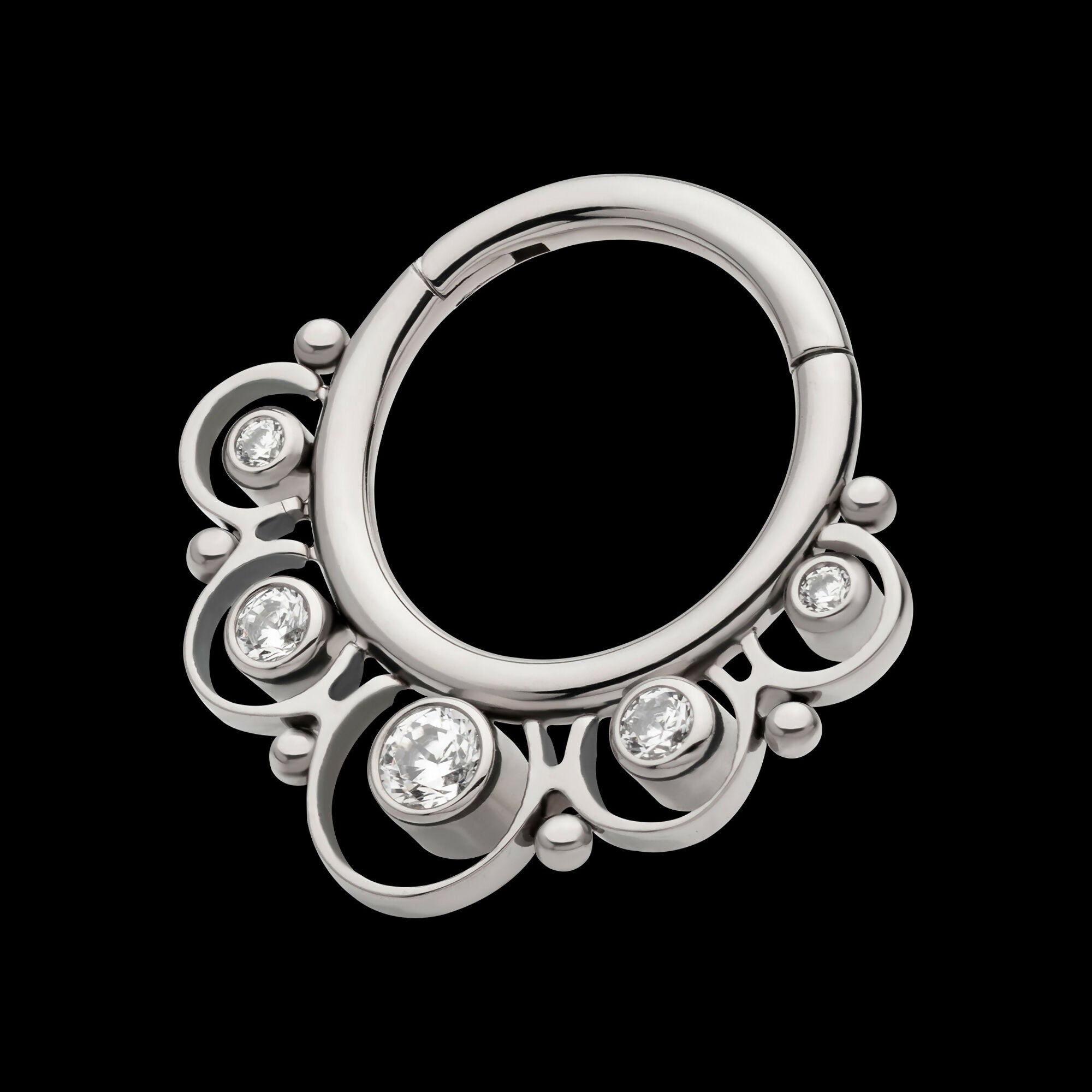 Beads & 5-Bezel Set Gem Front Facing Hinged Segment Clicker Hoop Earring / Nosering – Titanium