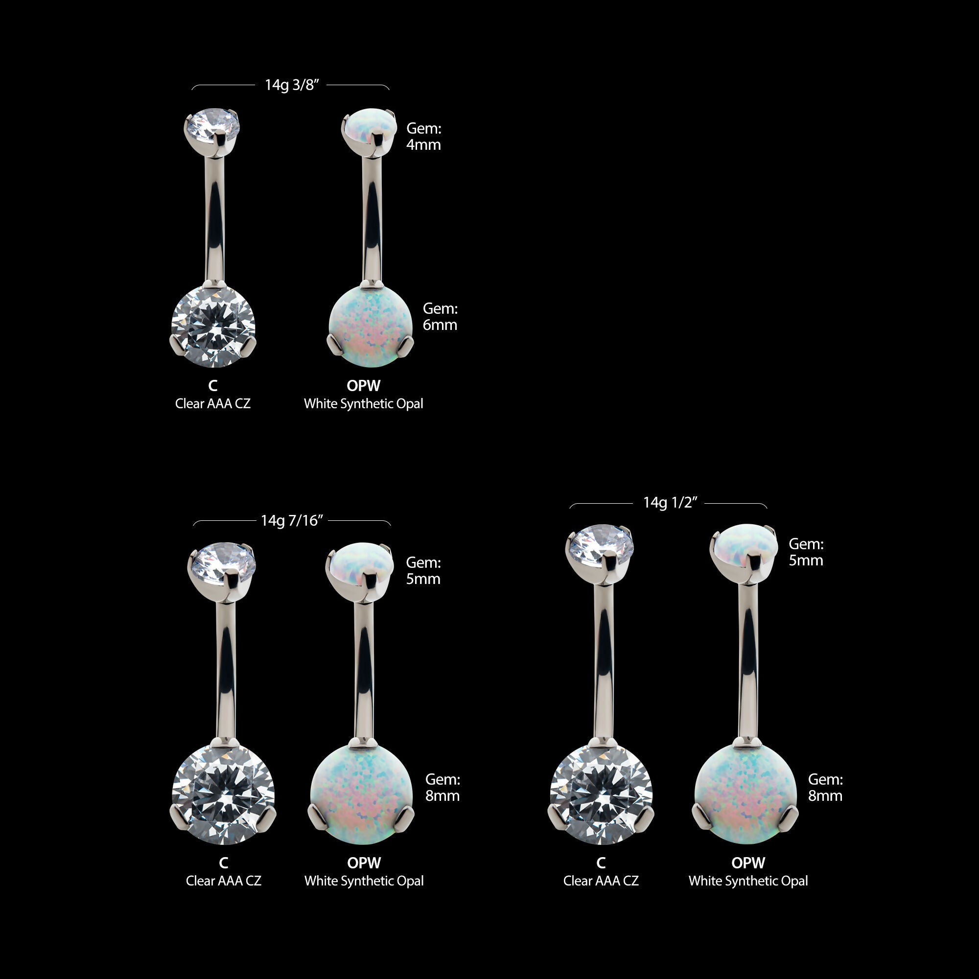 Prong Set Round AAA CZ/Synthetic Opal Detachable Top and Fixed Bottom Navel Curve Earring / Nosering – Titanium