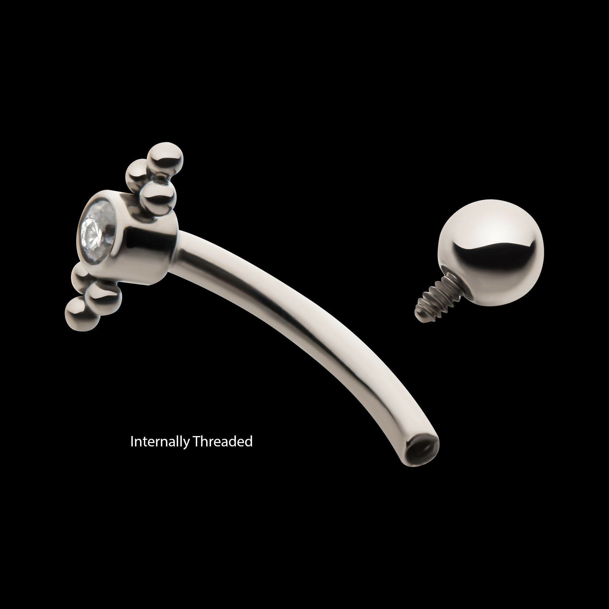 Internally Threaded with Tri Bead Bezel Set CZ Cluster Fixed Top Curved Barbell Earring / Nosering – Titanium
