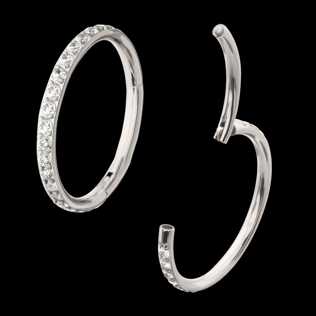 Platinum PVD Titanium 1mm CNC Set Full Clear CZ Eternity Gem Side Facing Hinged Segment Clicker Hoop Earring / Nosering