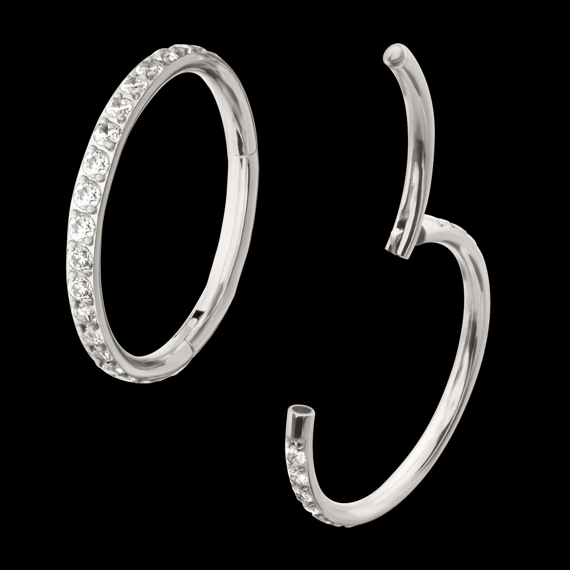 Platinum PVD Titanium 1mm CNC Set Full Clear CZ Eternity Gem Side Facing Hinged Segment Clicker Hoop Earring / Nosering