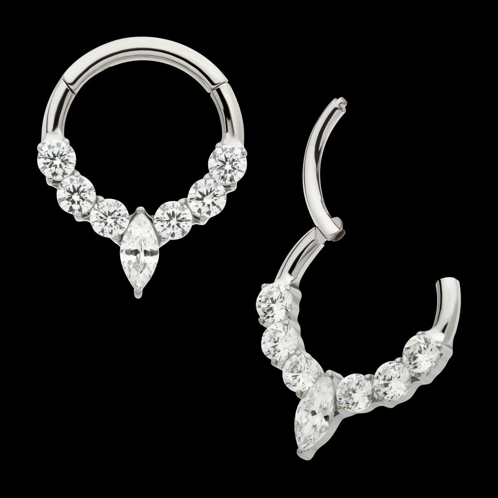 Clustered Prong Set Round CZ with Center Marquise CZ Front Facing Hinged Segment Clicker Hoop Earring / Nosering – Titanium