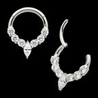 Clustered Prong Set Round CZ with Center Marquise CZ Front Facing Hinged Segment Clicker Hoop Earring / Nosering – Titanium