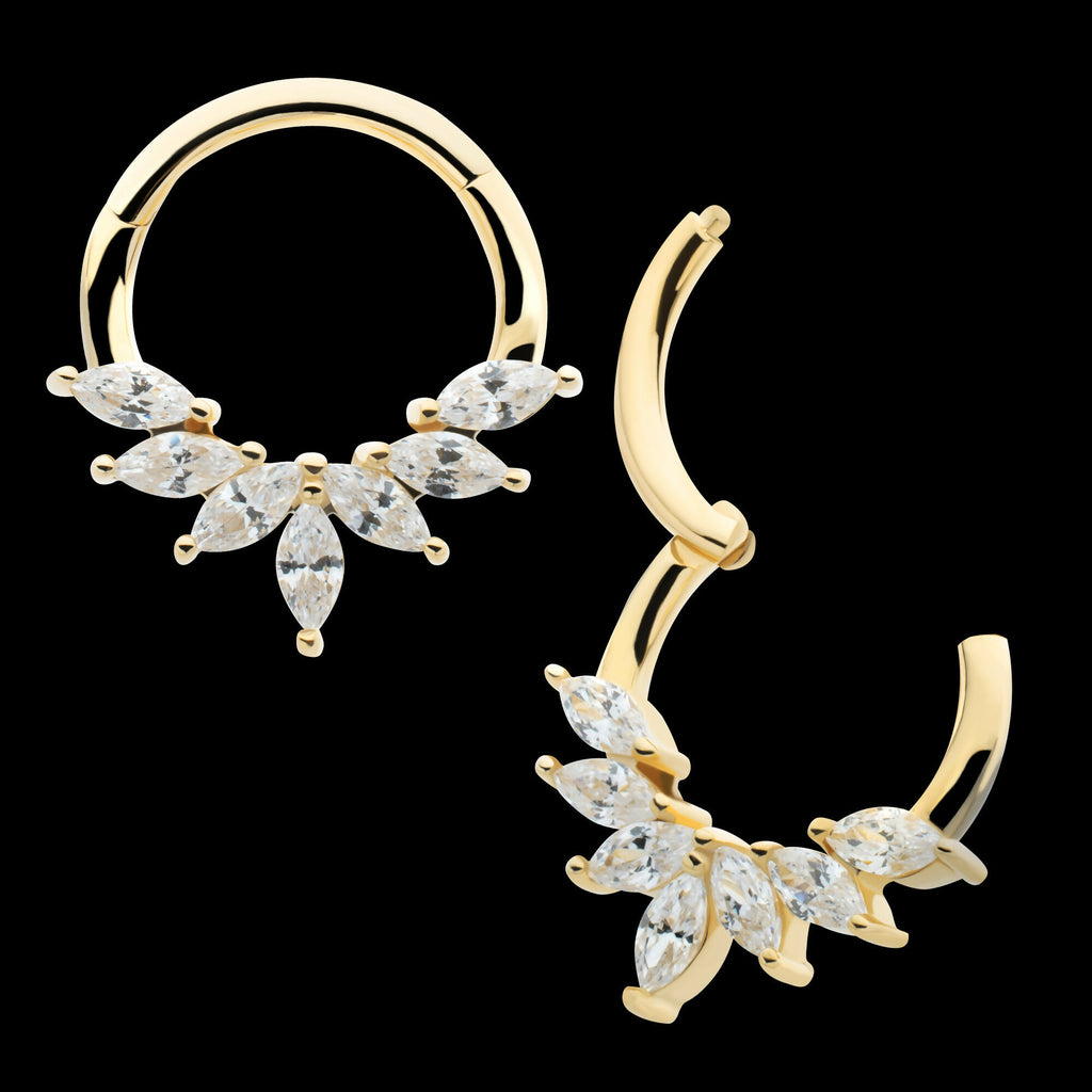 Pronged Marquise CZ 7-Cluster Wreath Hinged Segment Clicker Hoop Earring / Nosering – 14Kt Yellow Gold