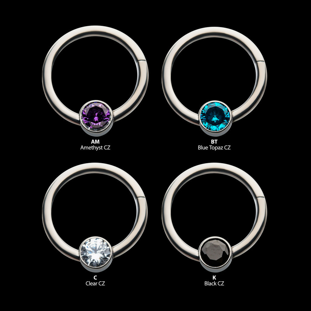 16g Titanium with Bezel Set CZ/Synthetic Opal Flat Back Front Facing Hinged Segment Ring Earring / Nosering